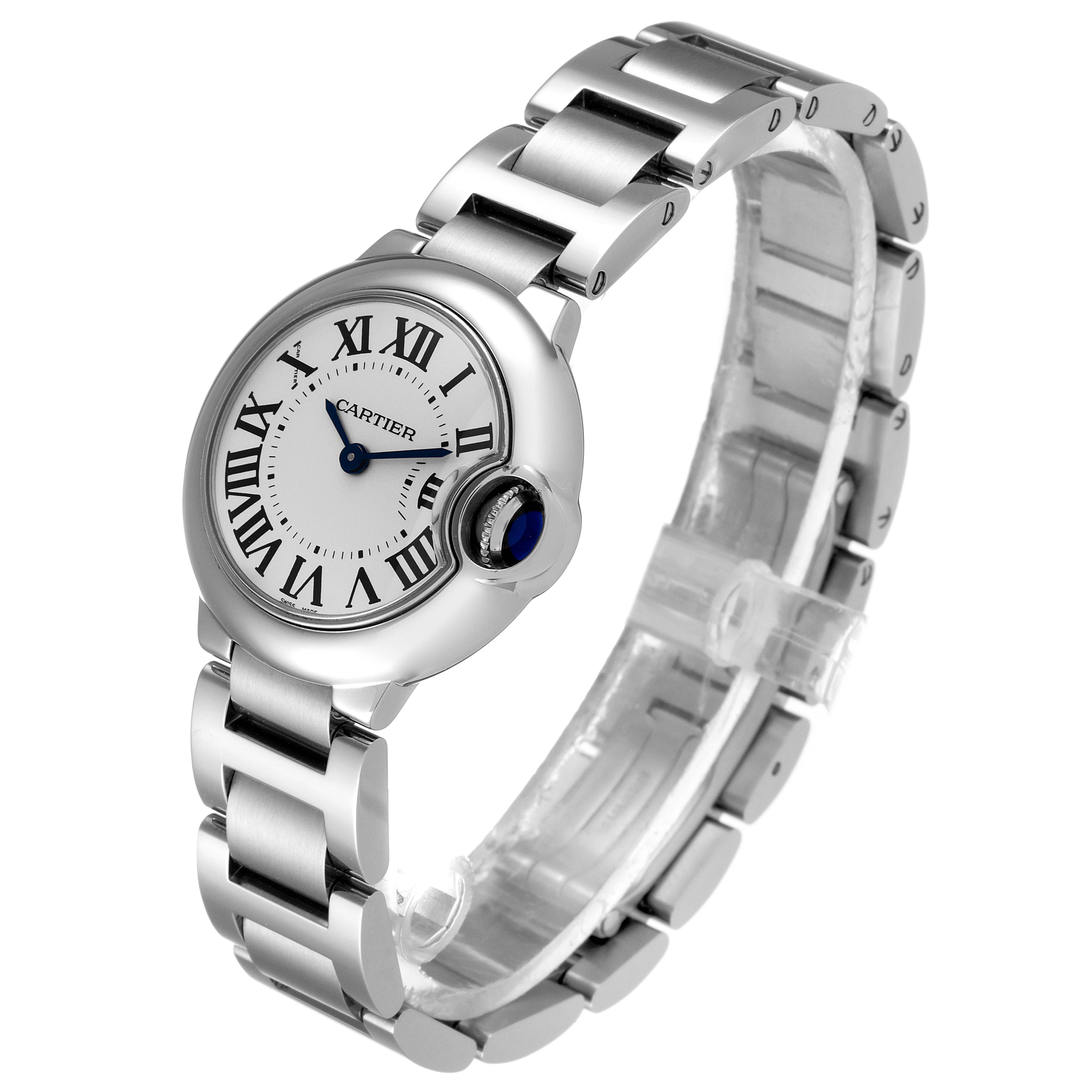 The image shows a front and side view of a Cartier Ballon Bleu W69010Z4 Women's Stainless Steel Silver Dial W69010Z4 Women's Stainless Steel Silver Dial watch, highlighting the bracelet and dial.
