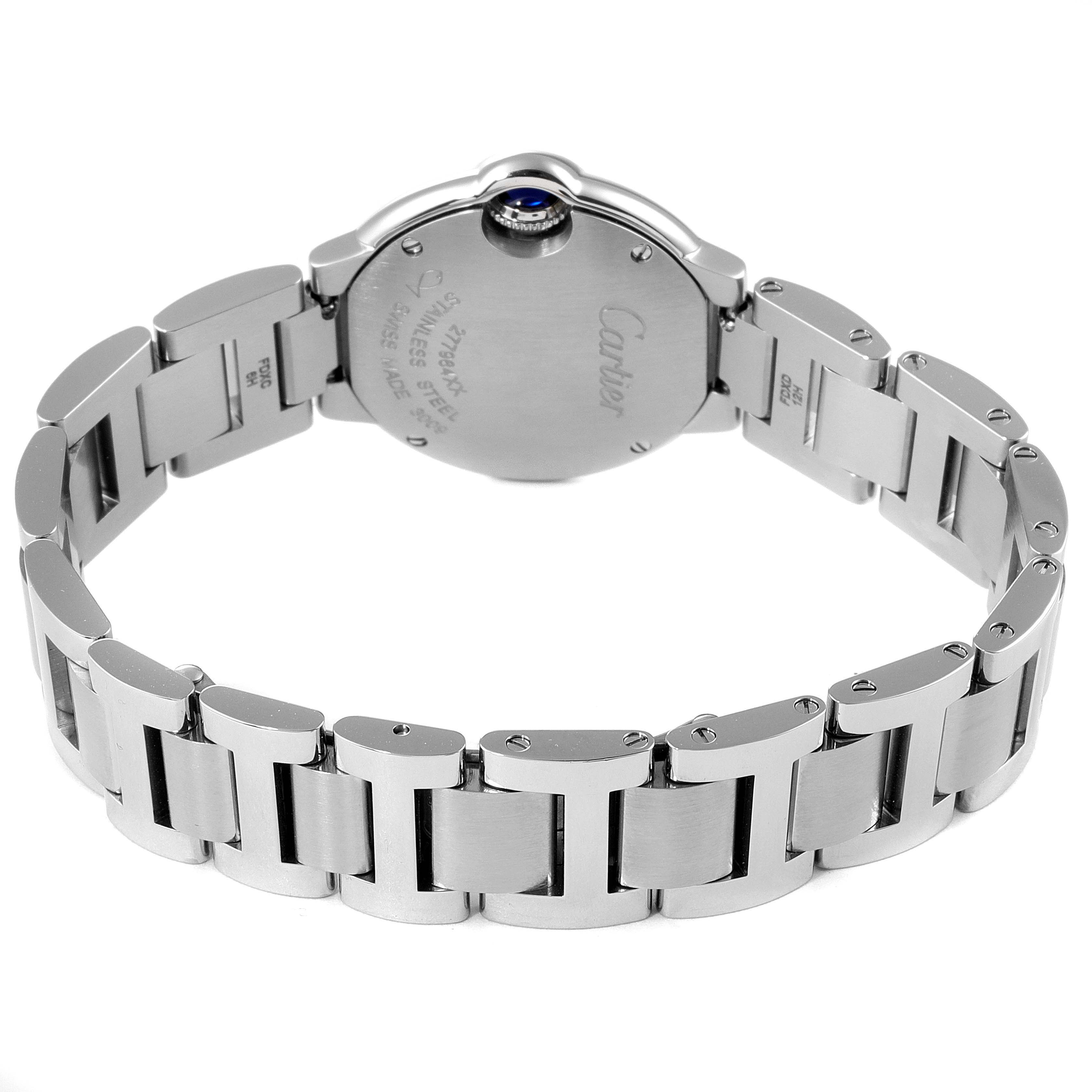 The image shows the back view of a Cartier Ballon Bleu W69010Z4 Women's Stainless Steel Silver Dial W69010Z4 Women's Stainless Steel Silver Dial watch, highlighting its stainless steel bracelet and case back.