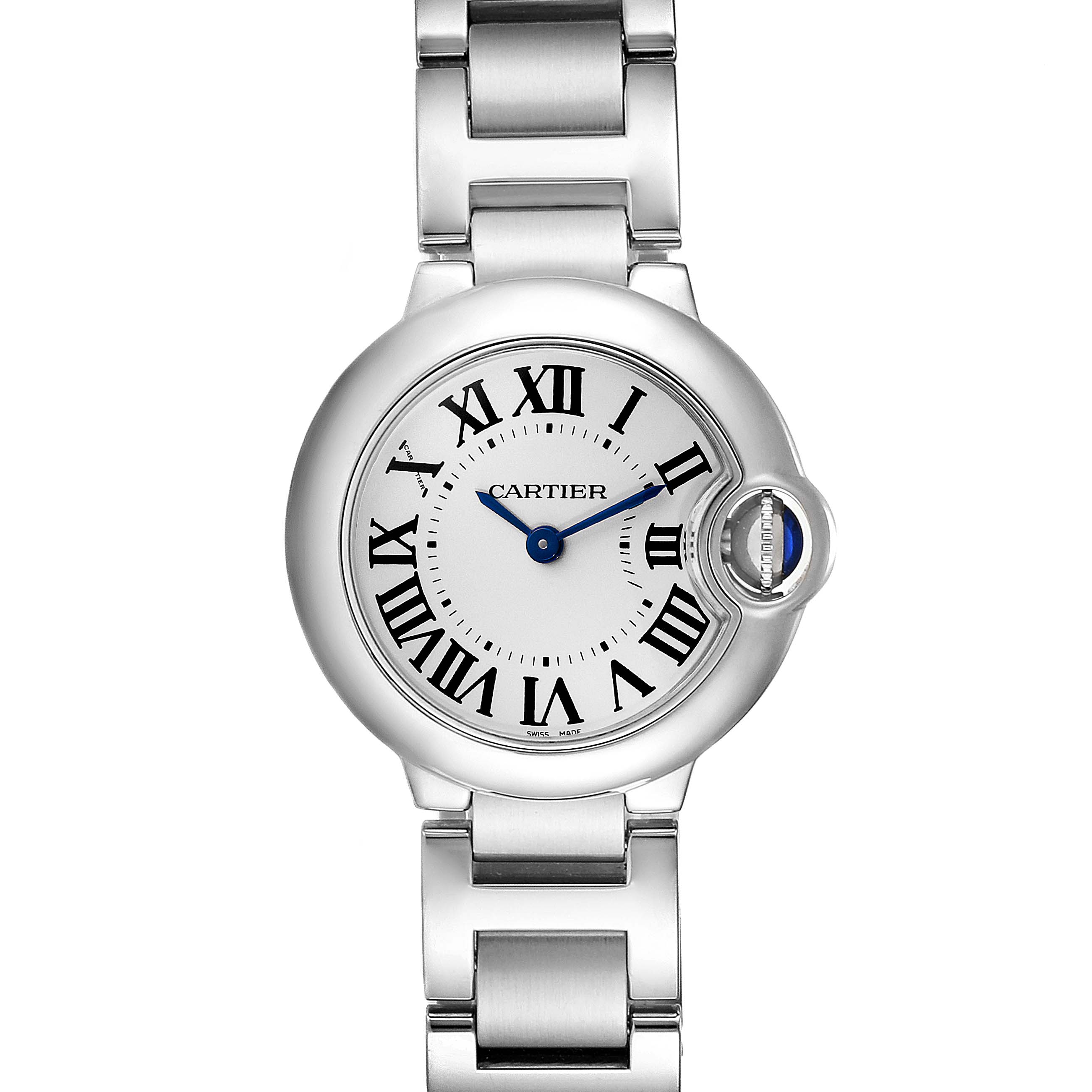 This is a front view of the Cartier Ballon Bleu W69010Z4 Women's Stainless Steel Silver Dial W69010Z4 Women's Stainless Steel Silver Dial watch, showing its face, Roman numerals, and metal bracelet.