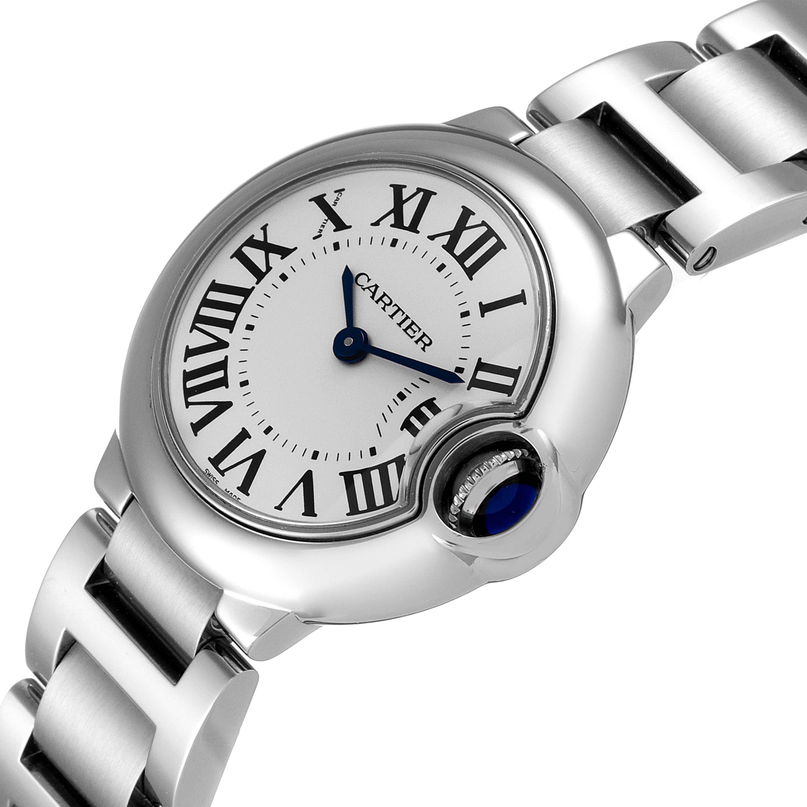 The image shows a Cartier Ballon Bleu W69010Z4 Women's Stainless Steel Silver Dial W69010Z4 Women's Stainless Steel Silver Dial watch from a top-side angle, emphasizing its Roman numerals and blue sapphire crown.