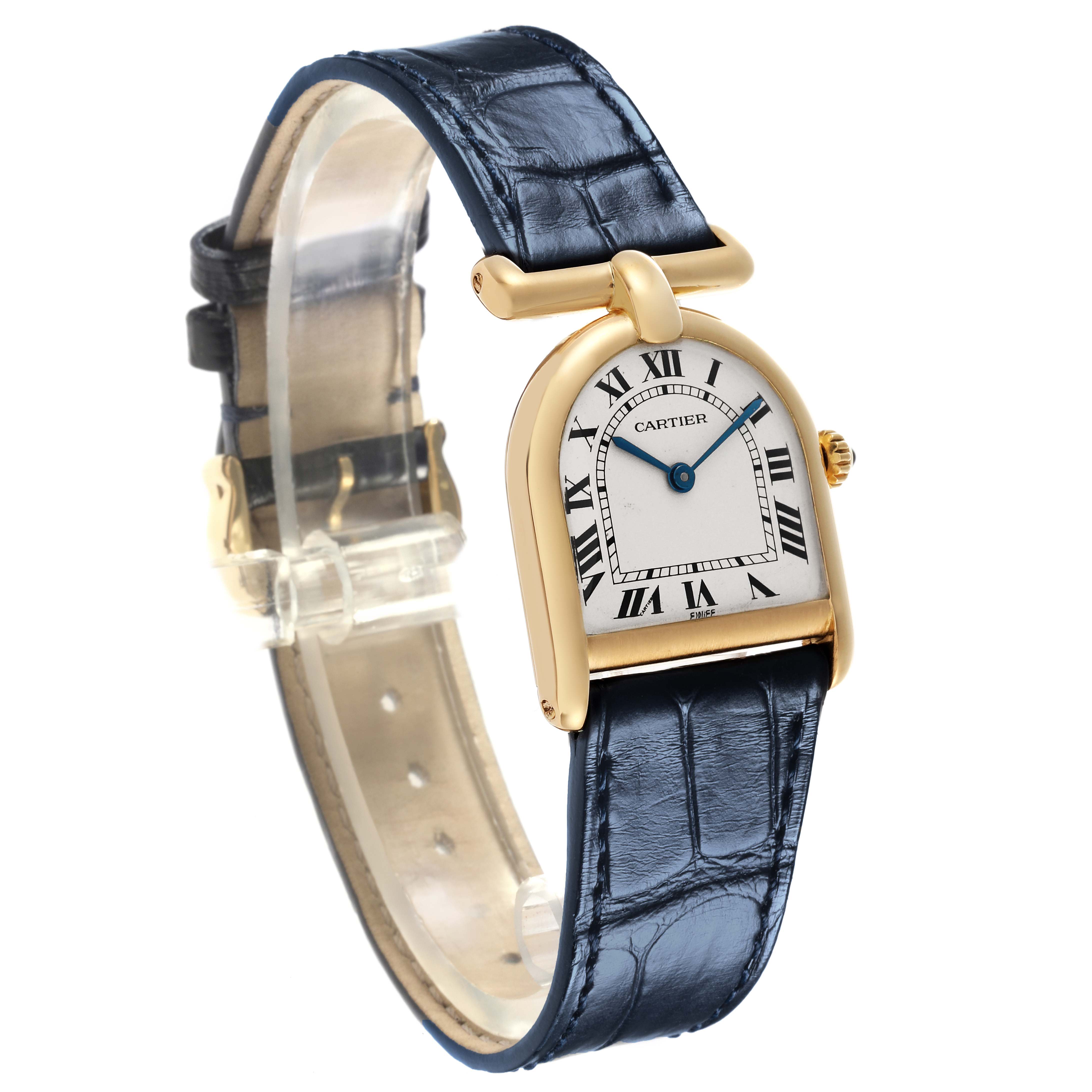 The Cartier Cloche Calandre 81082 Women
s Yellow Gold Silver Dial 81082 Women
s Yellow Gold Silver Dial watch is shown at an angled side view, displaying the face, crown, and leather strap.