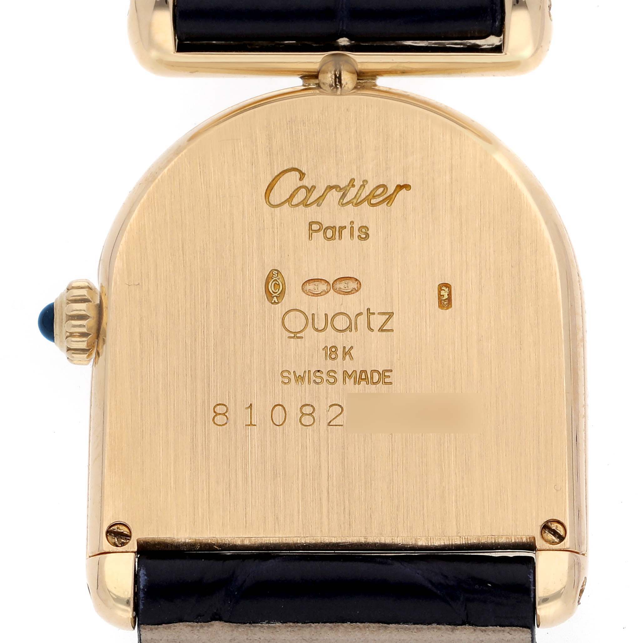 The image shows the back of the Cartier Cloche Calandre 81082 Women
s Yellow Gold Silver Dial 81082 Women
s Yellow Gold Silver Dial watch, displaying the brand, model, and specifications.