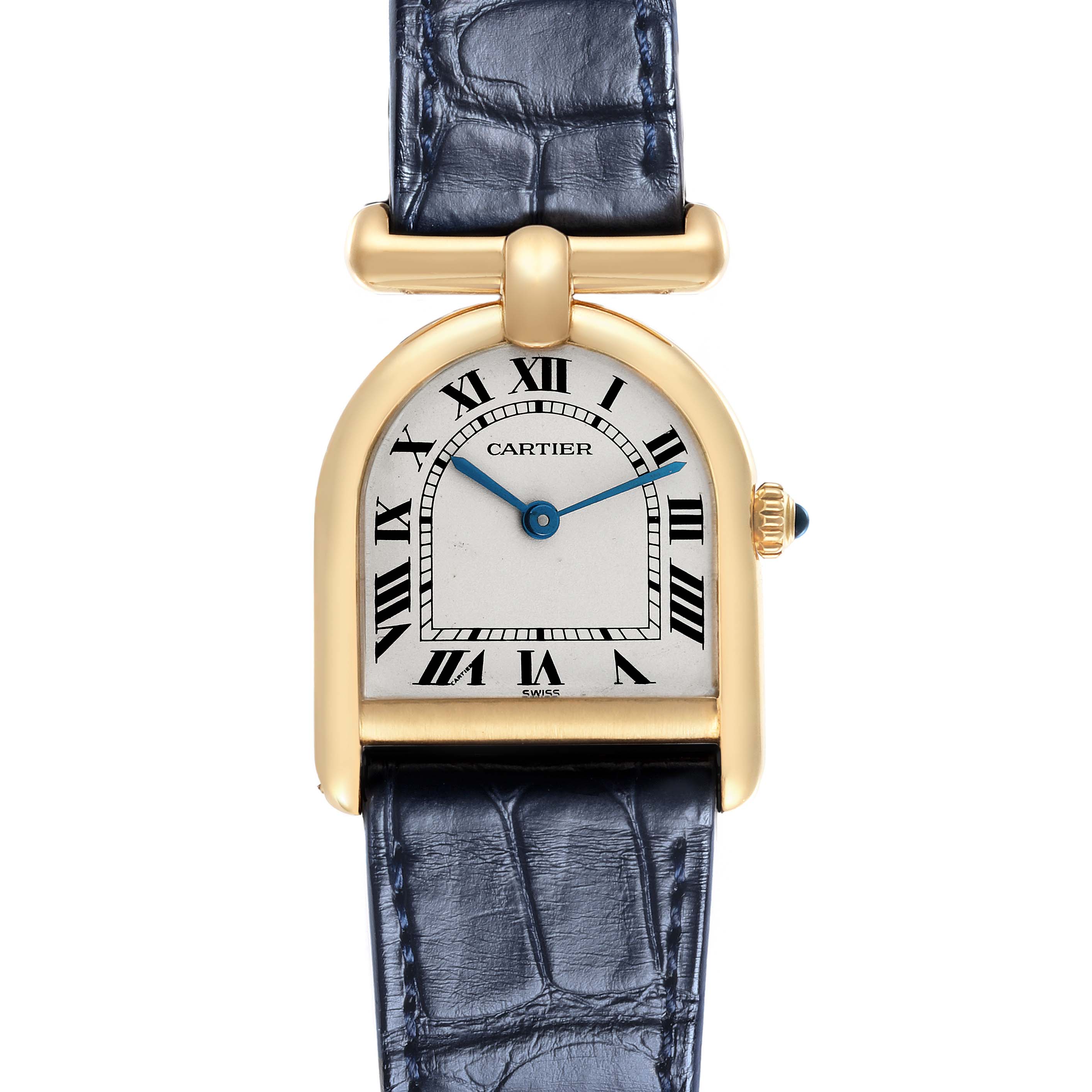 The Cartier Cloche Calandre 81082 Women
s Yellow Gold Silver Dial 81082 Women
s Yellow Gold Silver Dial watch is shown from the front, highlighting the face, strap, and crown.