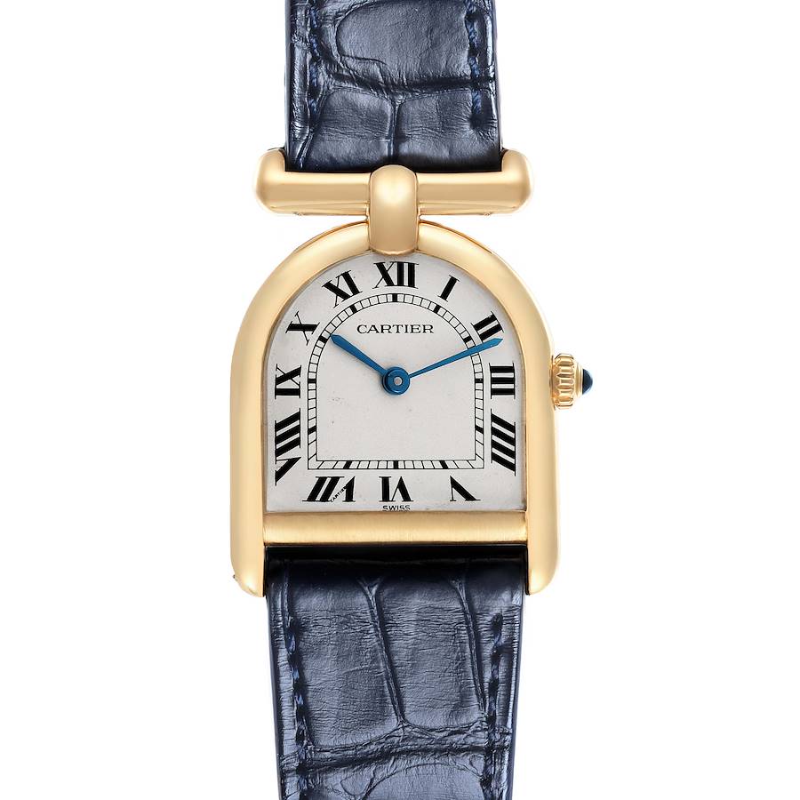 The Cartier Cloche Calandre watch is shown from the front, highlighting the face, strap, and crown.