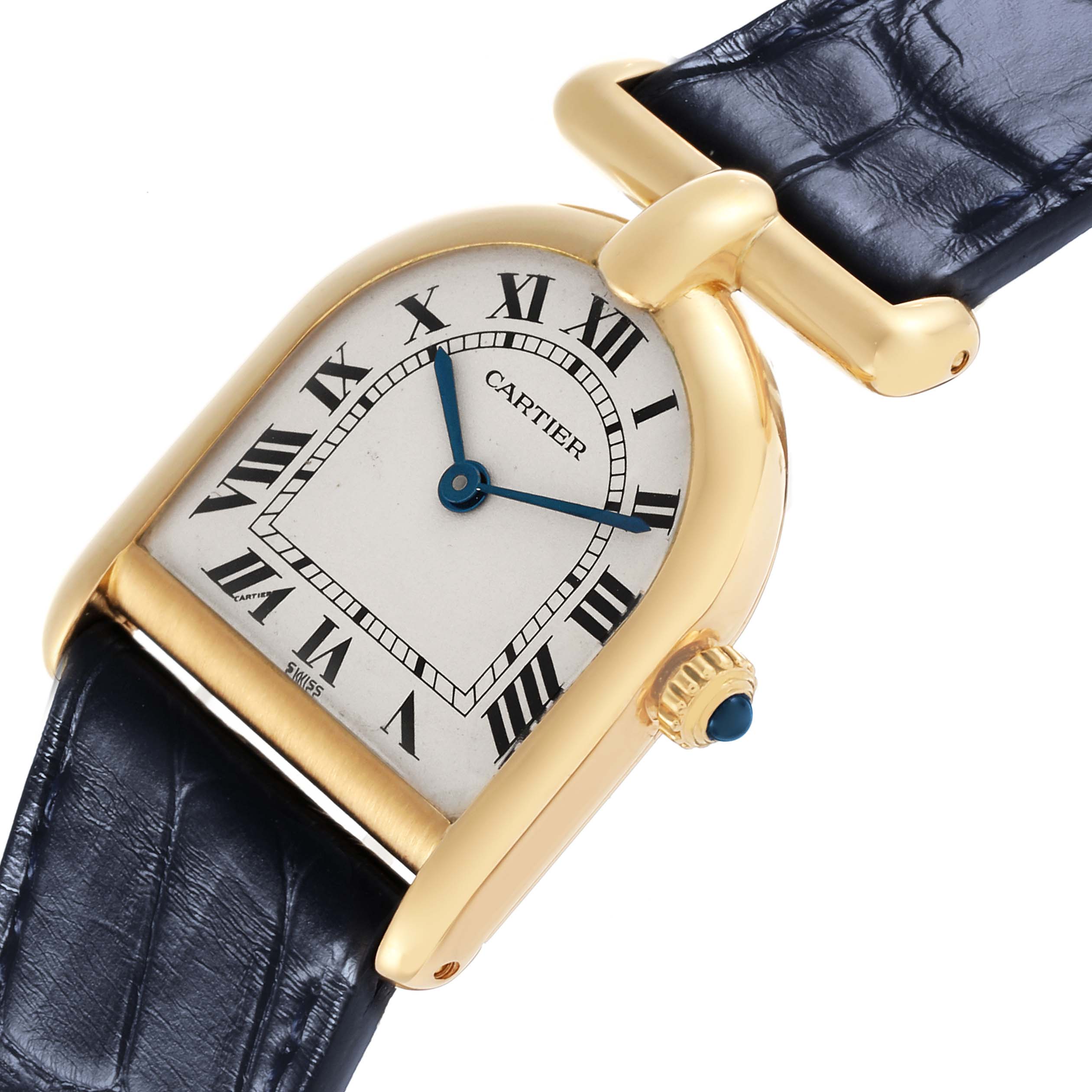 The Cartier Cloche Calandre 81082 Women
s Yellow Gold Silver Dial 81082 Women
s Yellow Gold Silver Dial watch is shown at an angled view, highlighting its dial, crown, and leather strap.