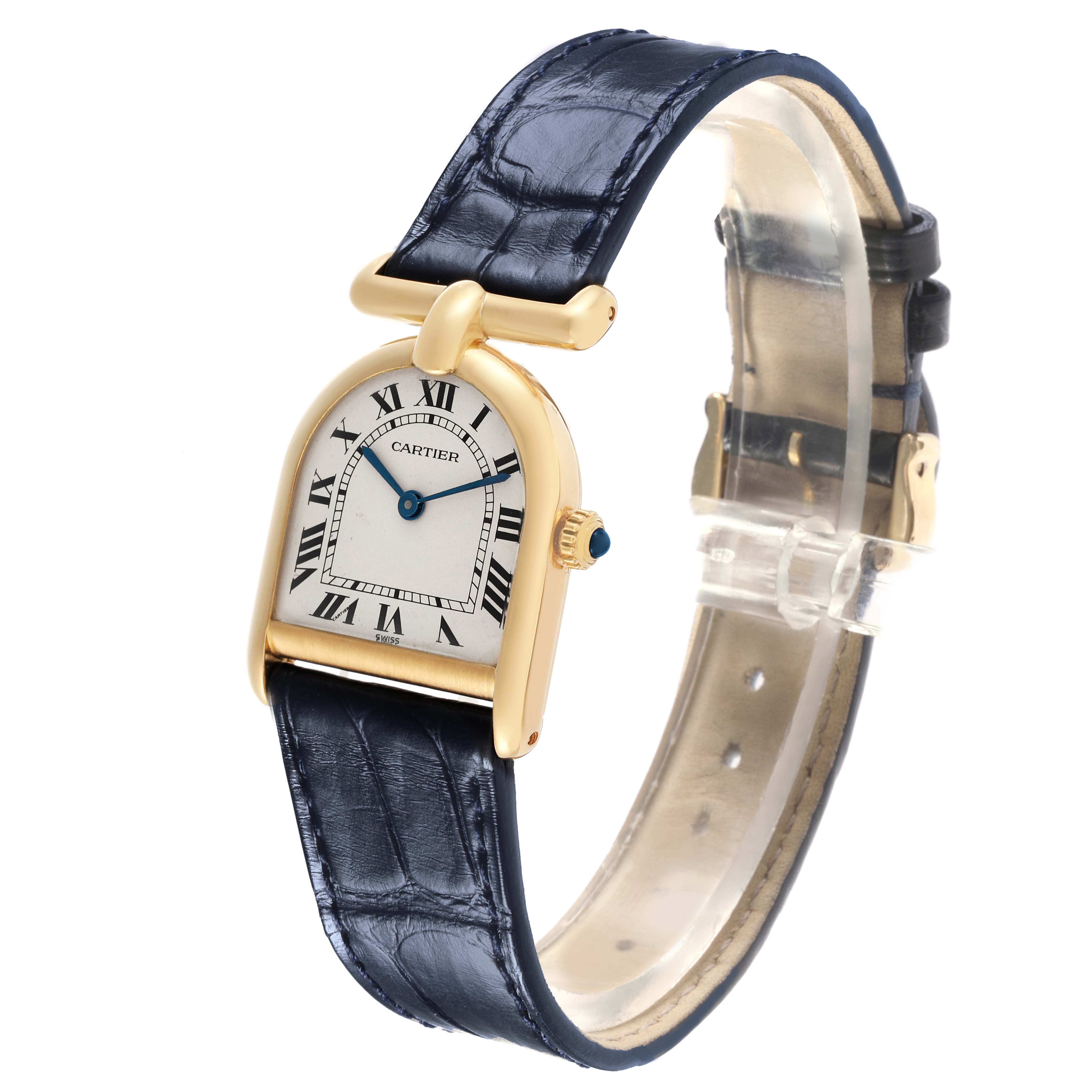 The Cartier Cloche Calandre 81082 Women
s Yellow Gold Silver Dial 81082 Women
s Yellow Gold Silver Dial watch is shown at a three-quarter angle, highlighting the face, strap, and crown.
