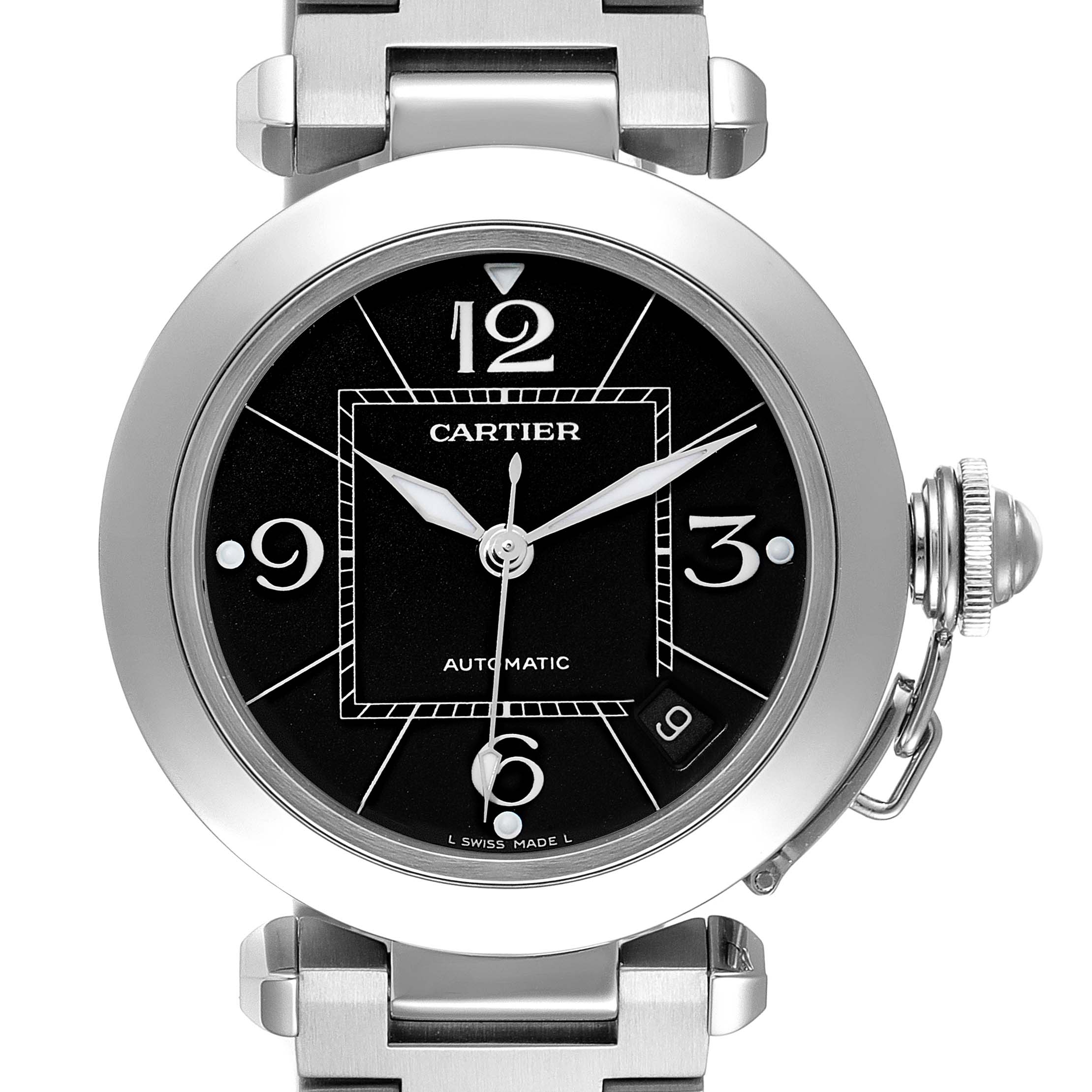 This image shows a frontal view of the Cartier Pasha W31076M7 Men's Stainless Steel Black Dial W31076M7 Men's Stainless Steel Black Dial watch, highlighting the dial, case, crown, and part of the bracelet.