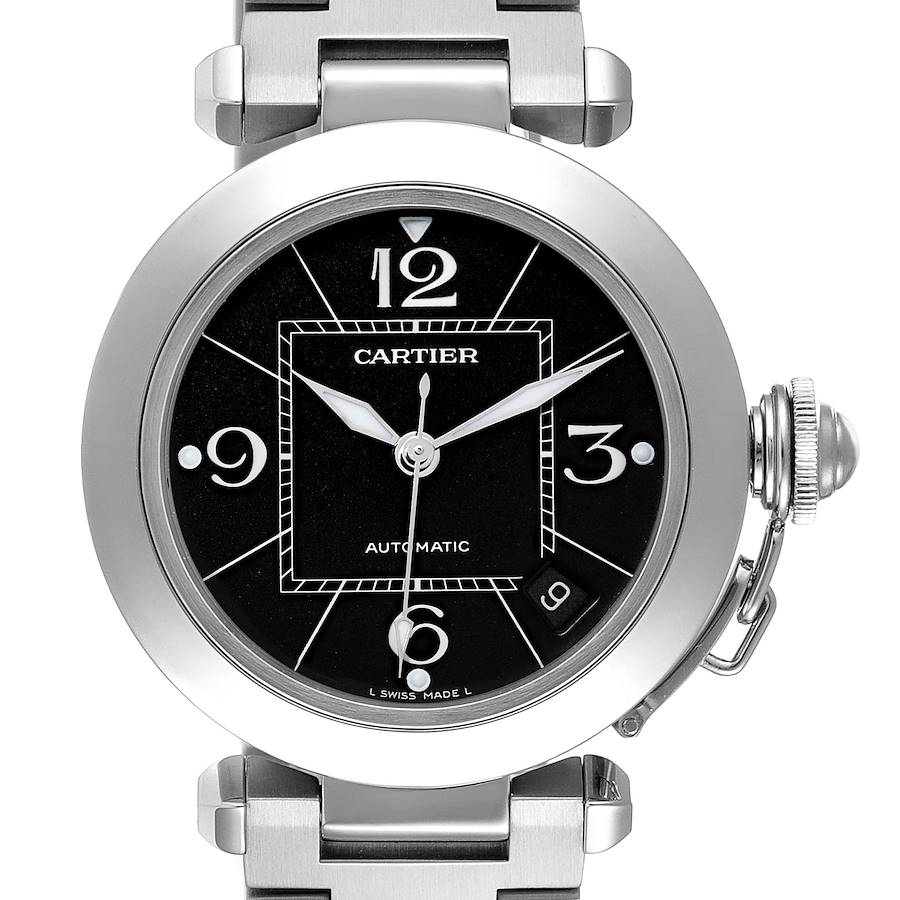 Cartier Pasha C Medium Black Dial Steel Unisex Watch W31076M7 Box Papers SwissWatchExpo