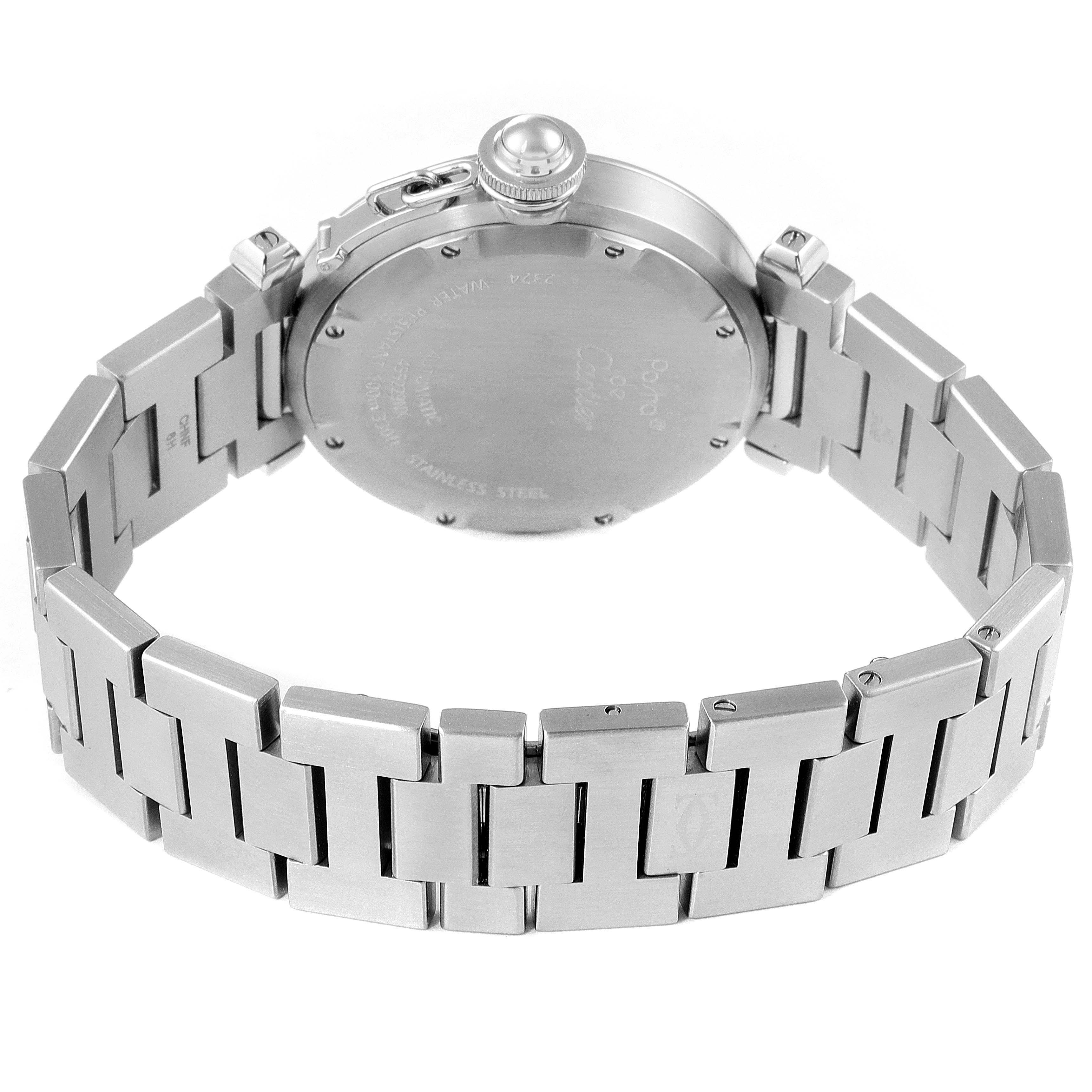 This image shows the back case and metal bracelet of a Cartier Pasha W31076M7 Men's Stainless Steel Black Dial W31076M7 Men's Stainless Steel Black Dial watch from a rear angle.