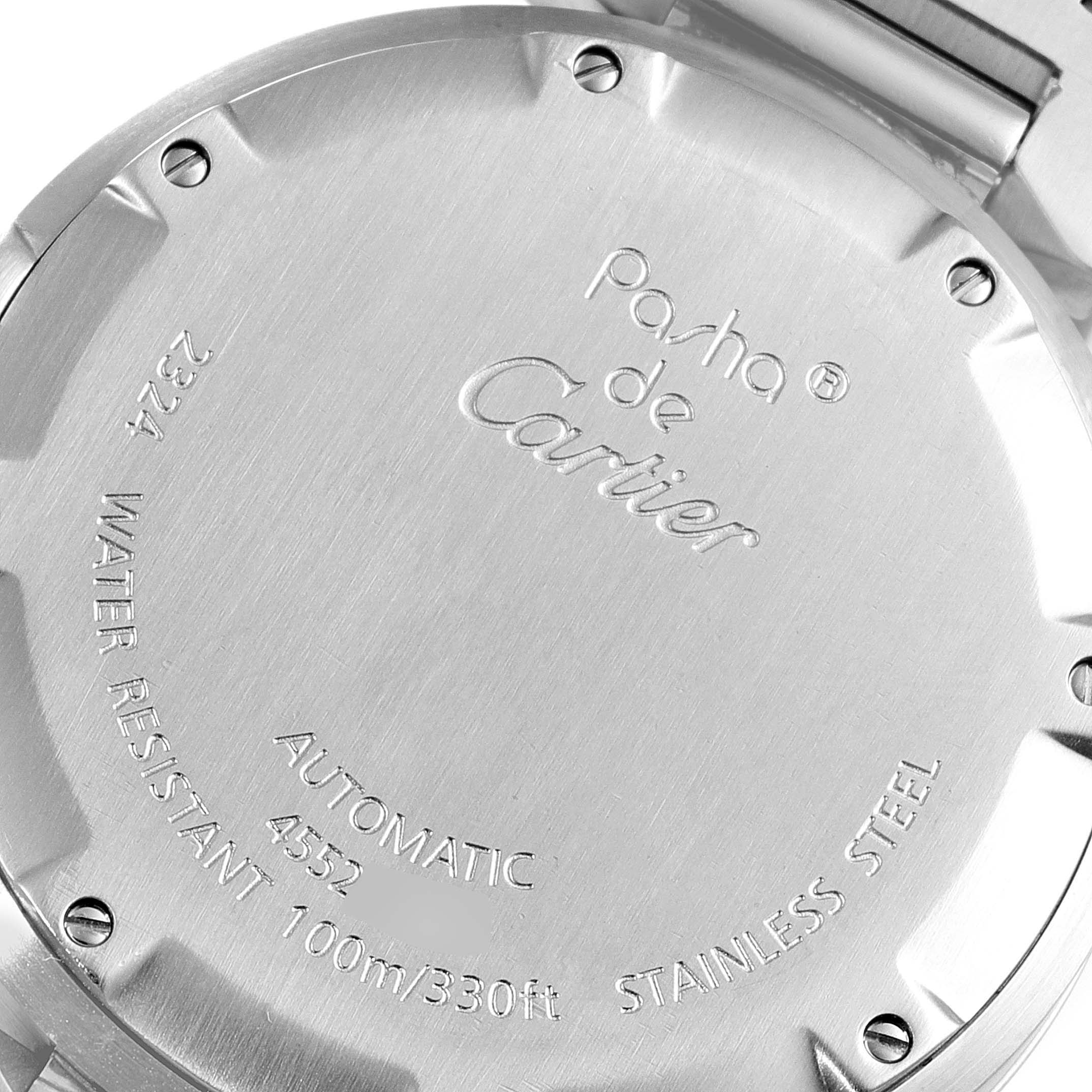 This image shows the engraved back case of the Cartier Pasha W31076M7 Men's Stainless Steel Black Dial W31076M7 Men's Stainless Steel Black Dial watch, highlighting details like water resistance and material.