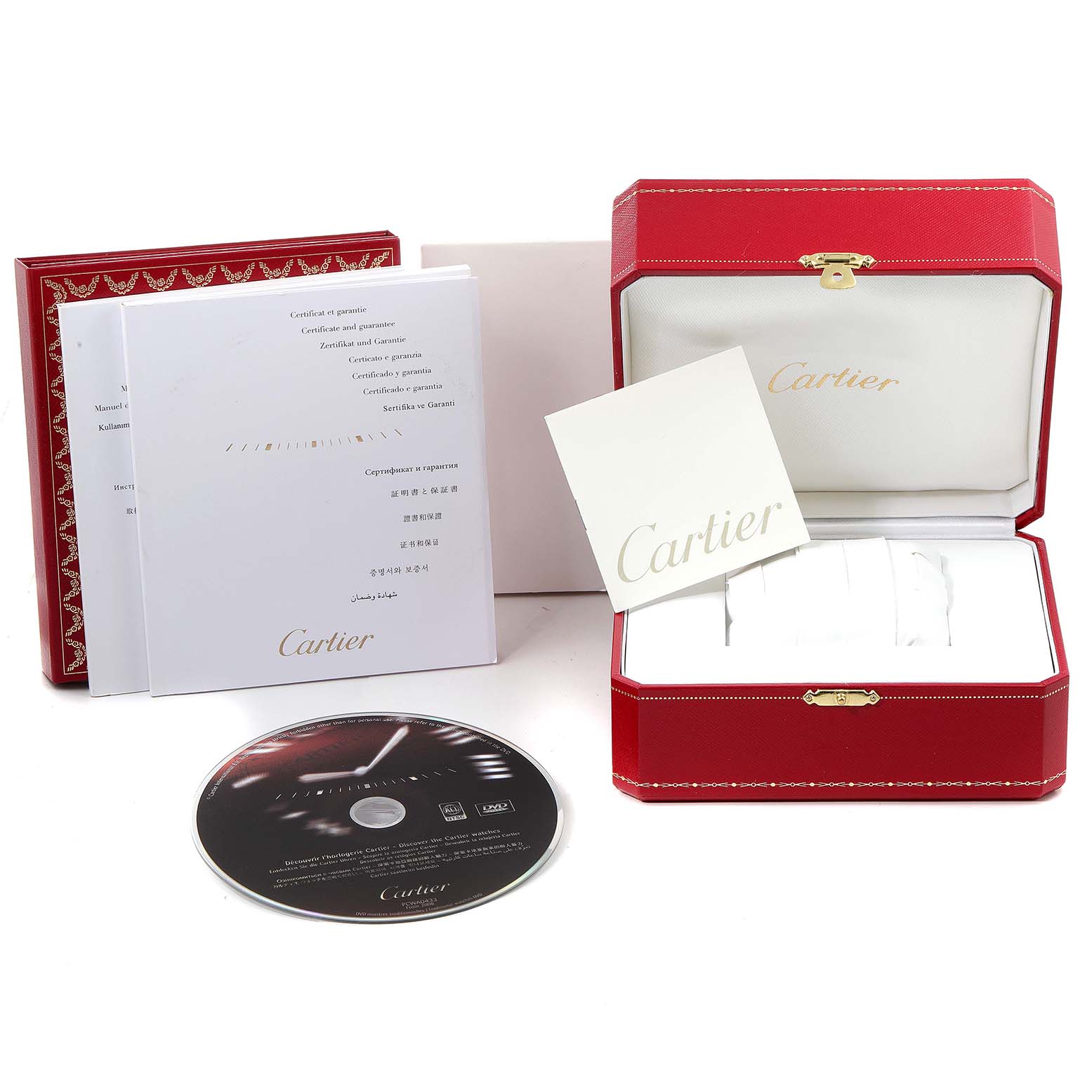 The image shows the Cartier Pasha W31076M7 Men's Stainless Steel Black Dial W31076M7 Men's Stainless Steel Black Dial watch's red box, manuals, warranty cards, and a CD, all displayed from the front angle.