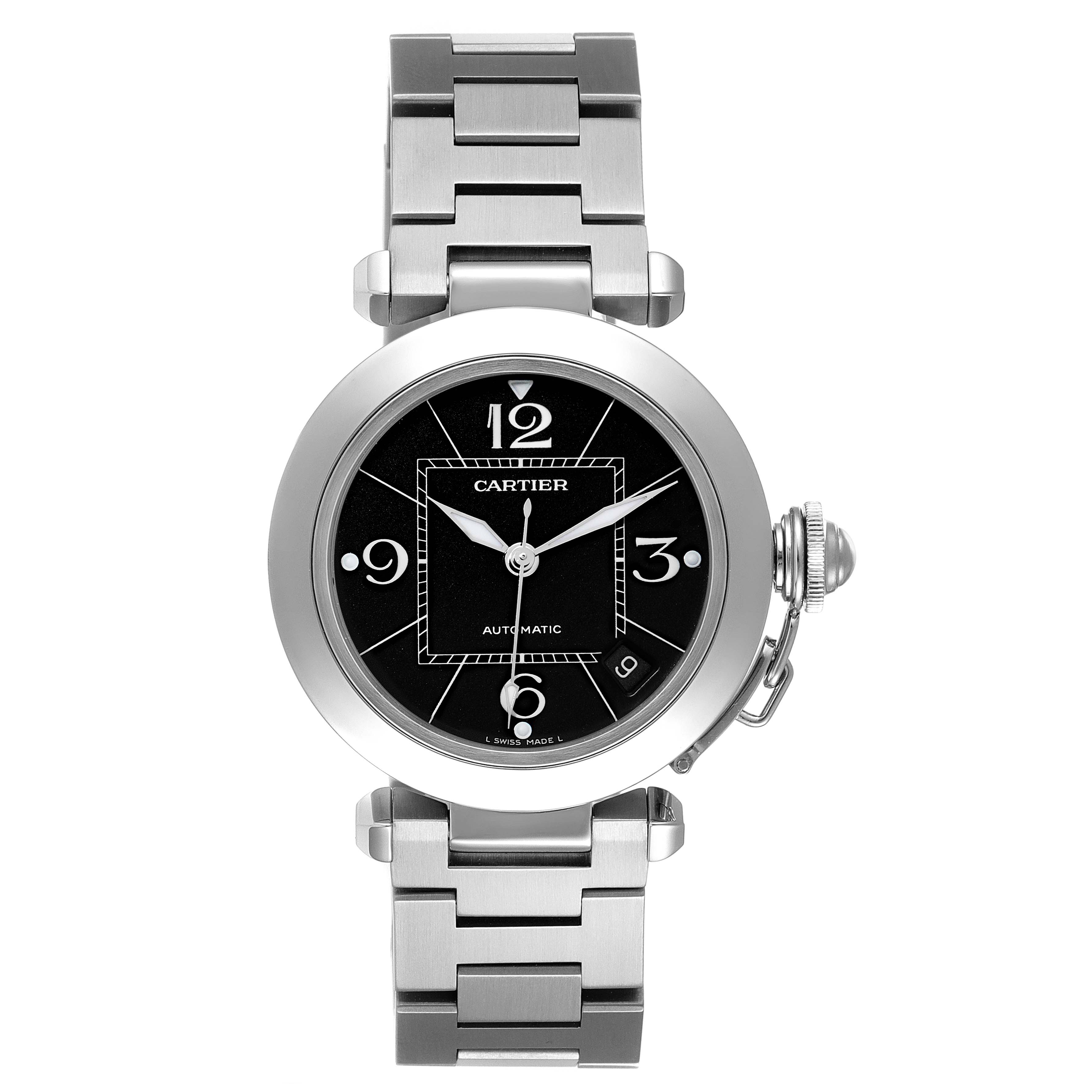 This image shows a front view of a Cartier Pasha W31076M7 Men's Stainless Steel Black Dial W31076M7 Men's Stainless Steel Black Dial watch, depicting the face, bezel, and bracelet.