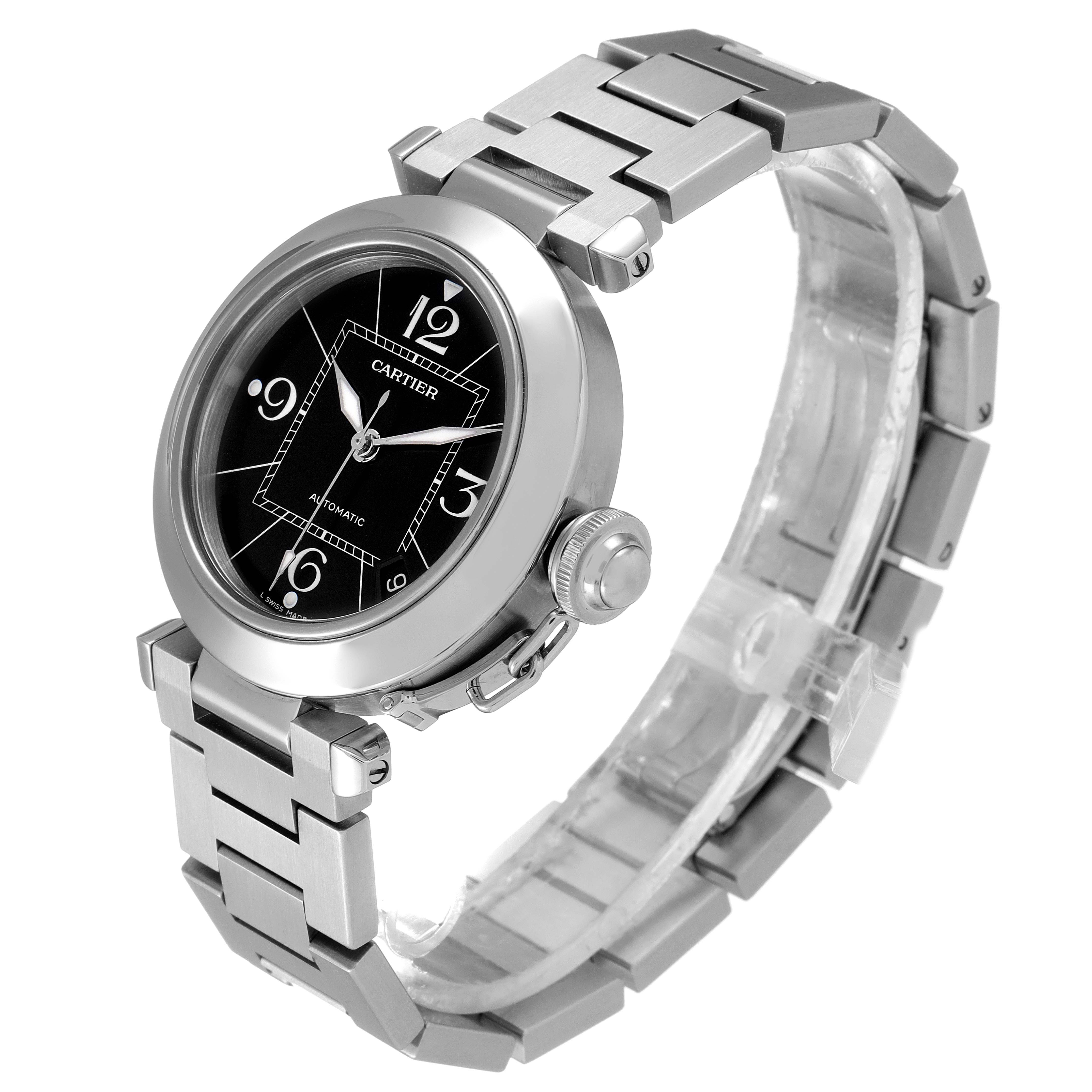 The Cartier Pasha W31076M7 Men's Stainless Steel Black Dial W31076M7 Men's Stainless Steel Black Dial watch is shown at a three-quarter angle, highlighting its face, bezel, band, and crown.