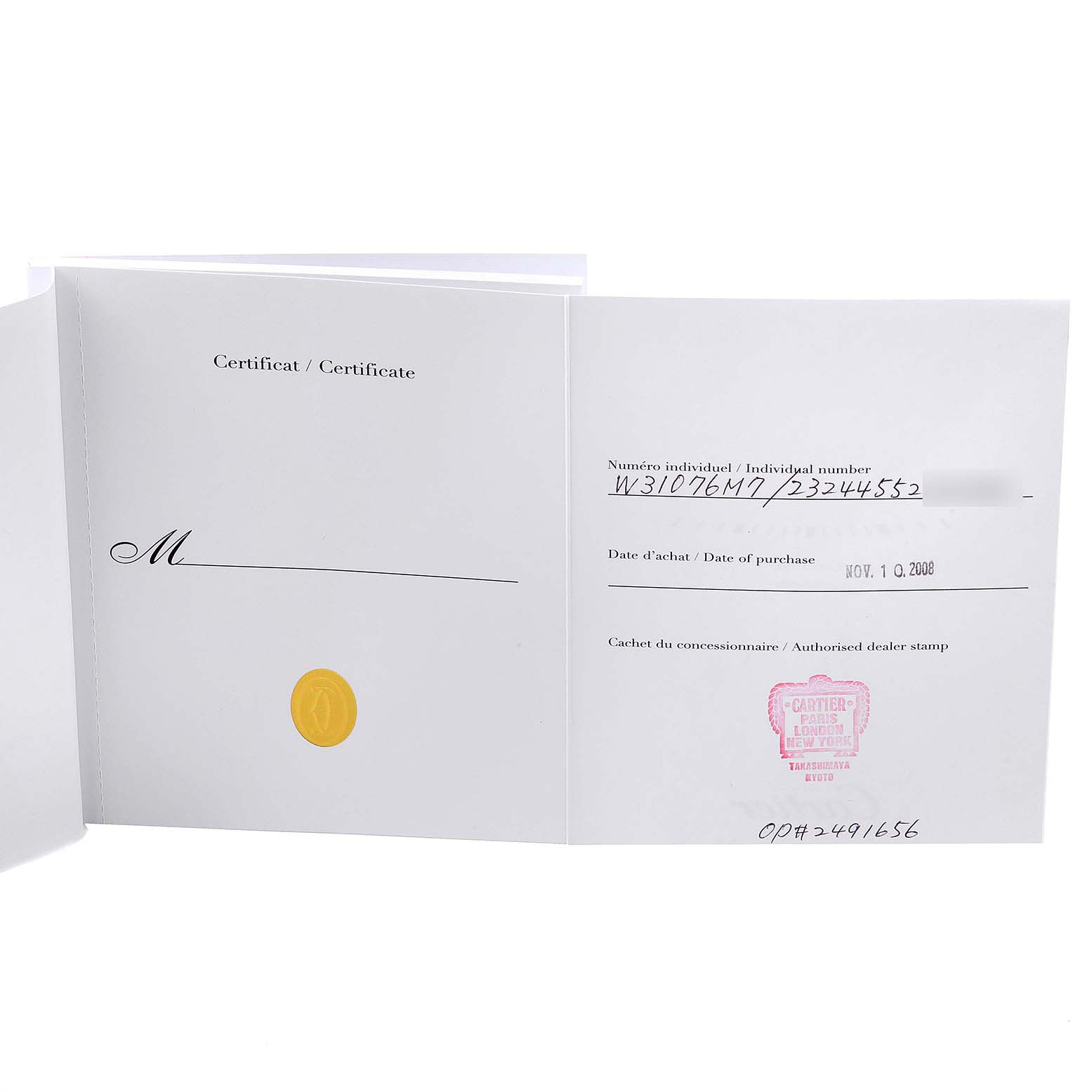 This image shows the certificate booklet for the Cartier Pasha W31076M7 Men's Stainless Steel Black Dial W31076M7 Men's Stainless Steel Black Dial model, revealing the identification number and purchase date.