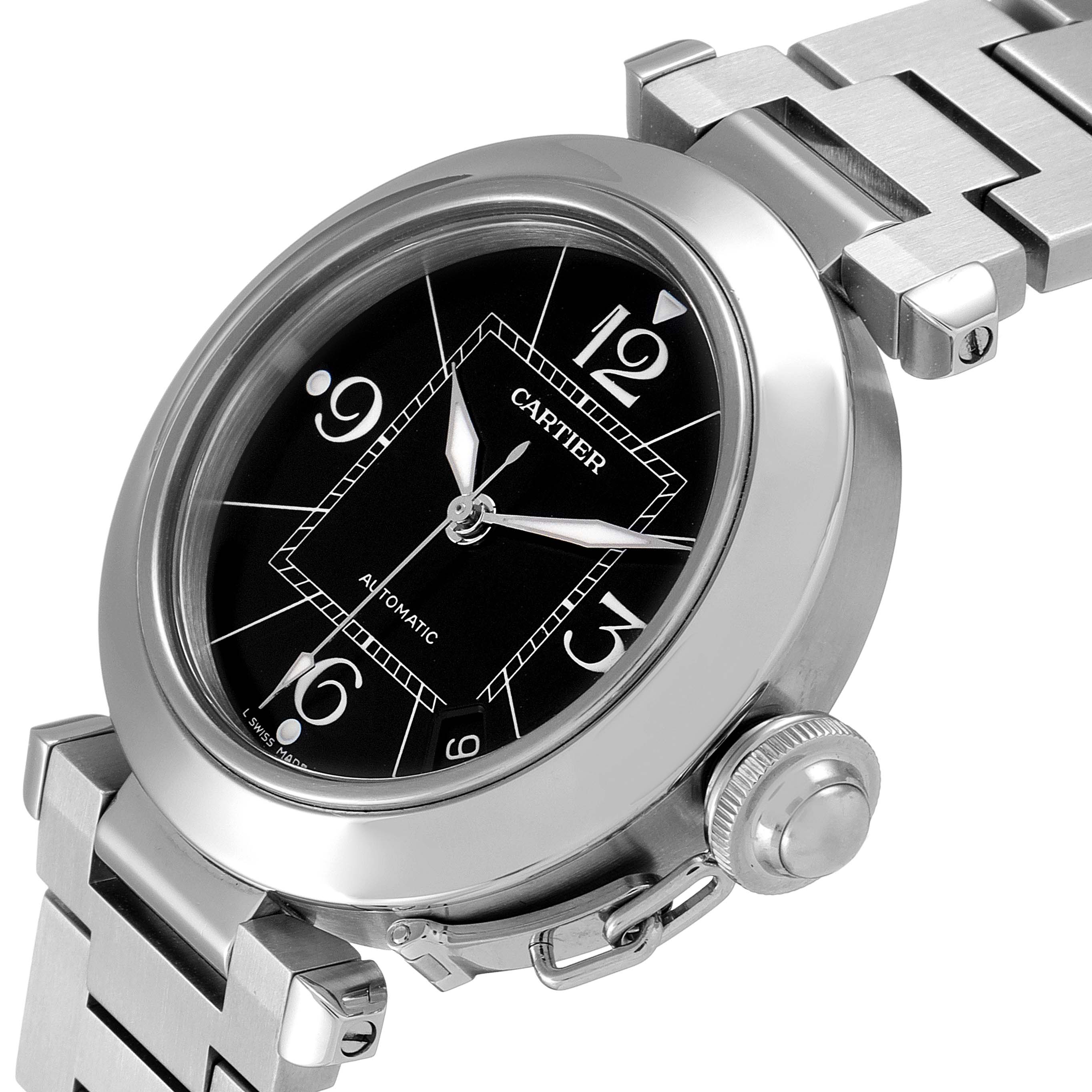 This image shows a close-up angle of a Cartier Pasha W31076M7 Men's Stainless Steel Black Dial W31076M7 Men's Stainless Steel Black Dial watch, focusing on the watch face, case, and bracelet.
