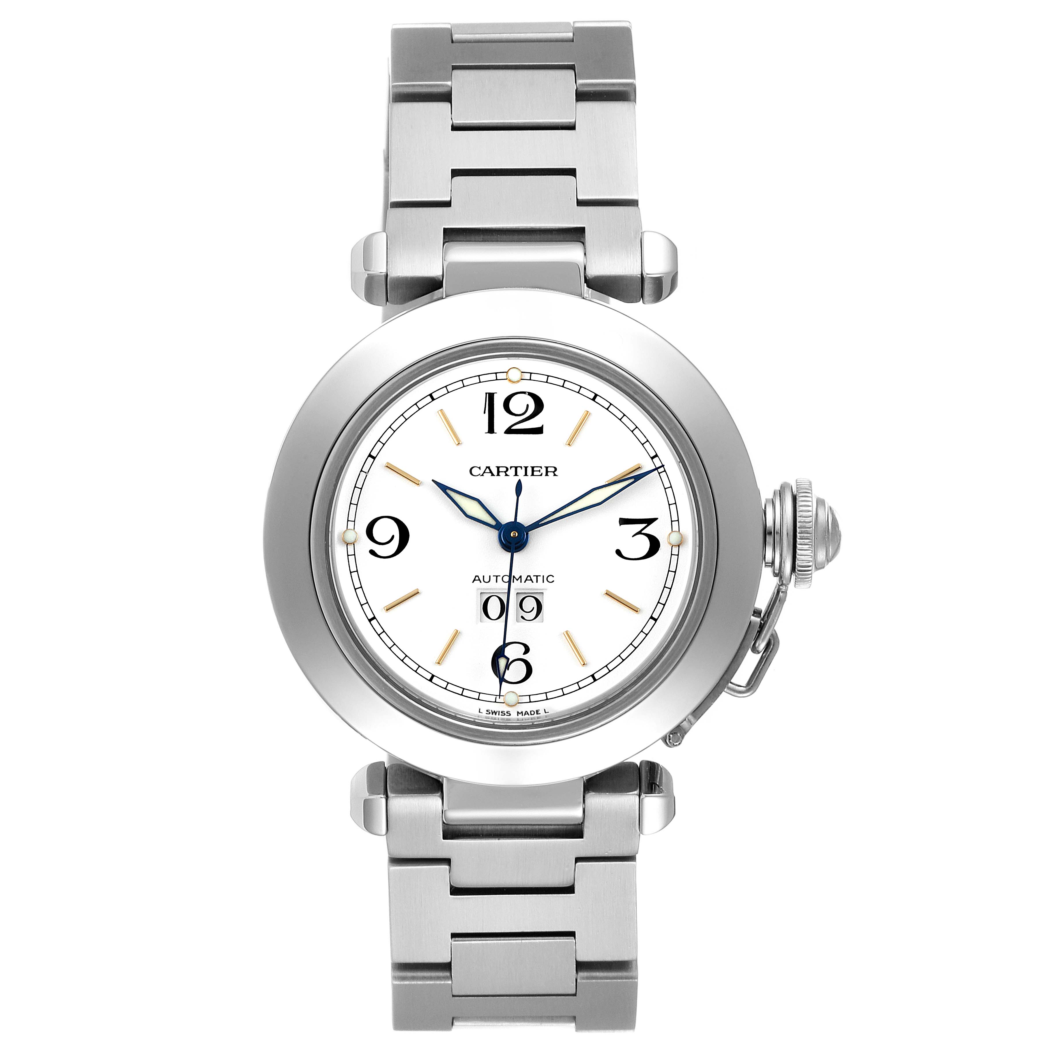The image shows a front view of a Cartier Pasha W31044M7 Men's Stainless Steel White Dial W31044M7 Men's Stainless Steel White Dial watch, detailing the dial, hands, and metal bracelet.