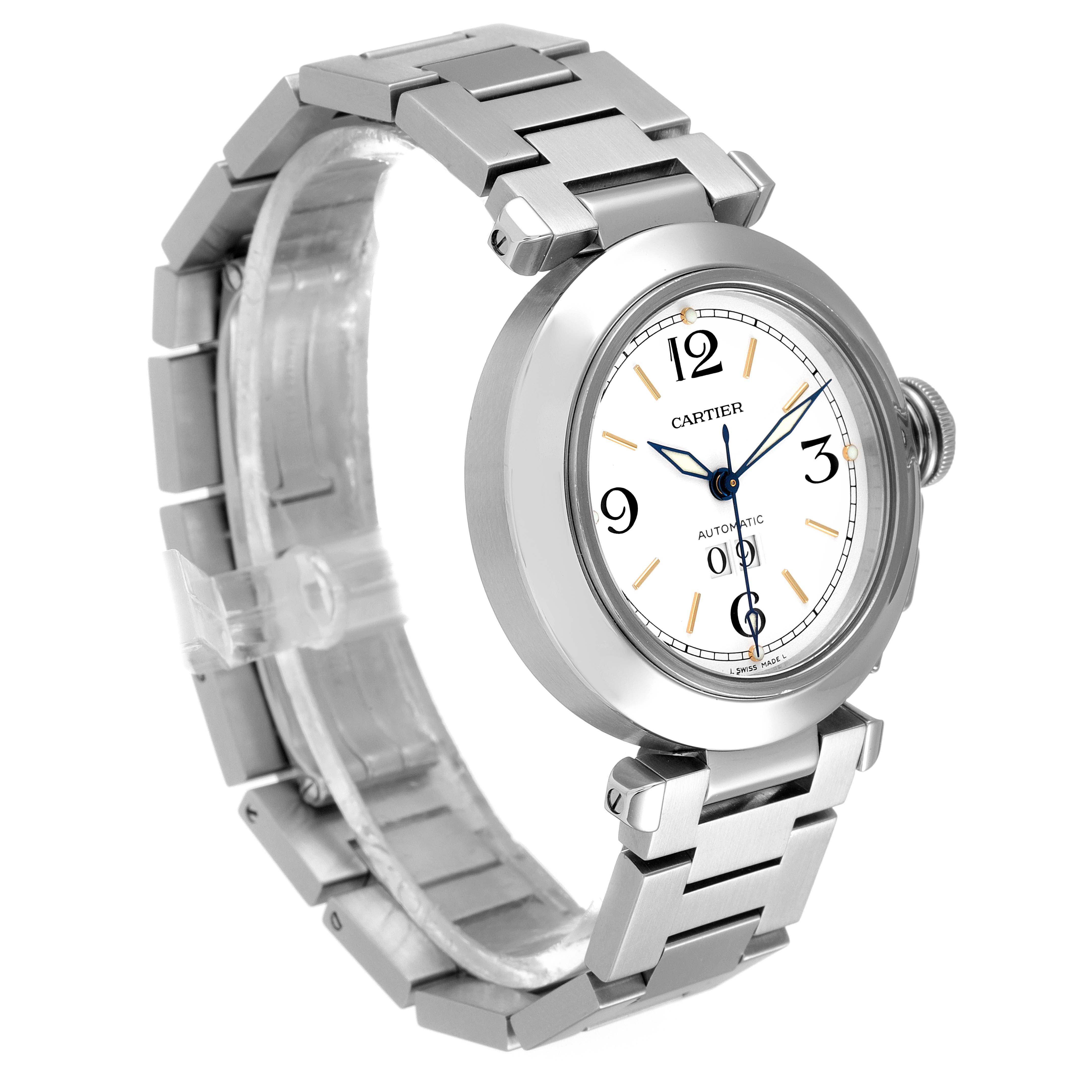 The image shows a Cartier Pasha W31044M7 Men's Stainless Steel White Dial W31044M7 Men's Stainless Steel White Dial watch at a slight angle, highlighting the face, bezel, and metal bracelet.