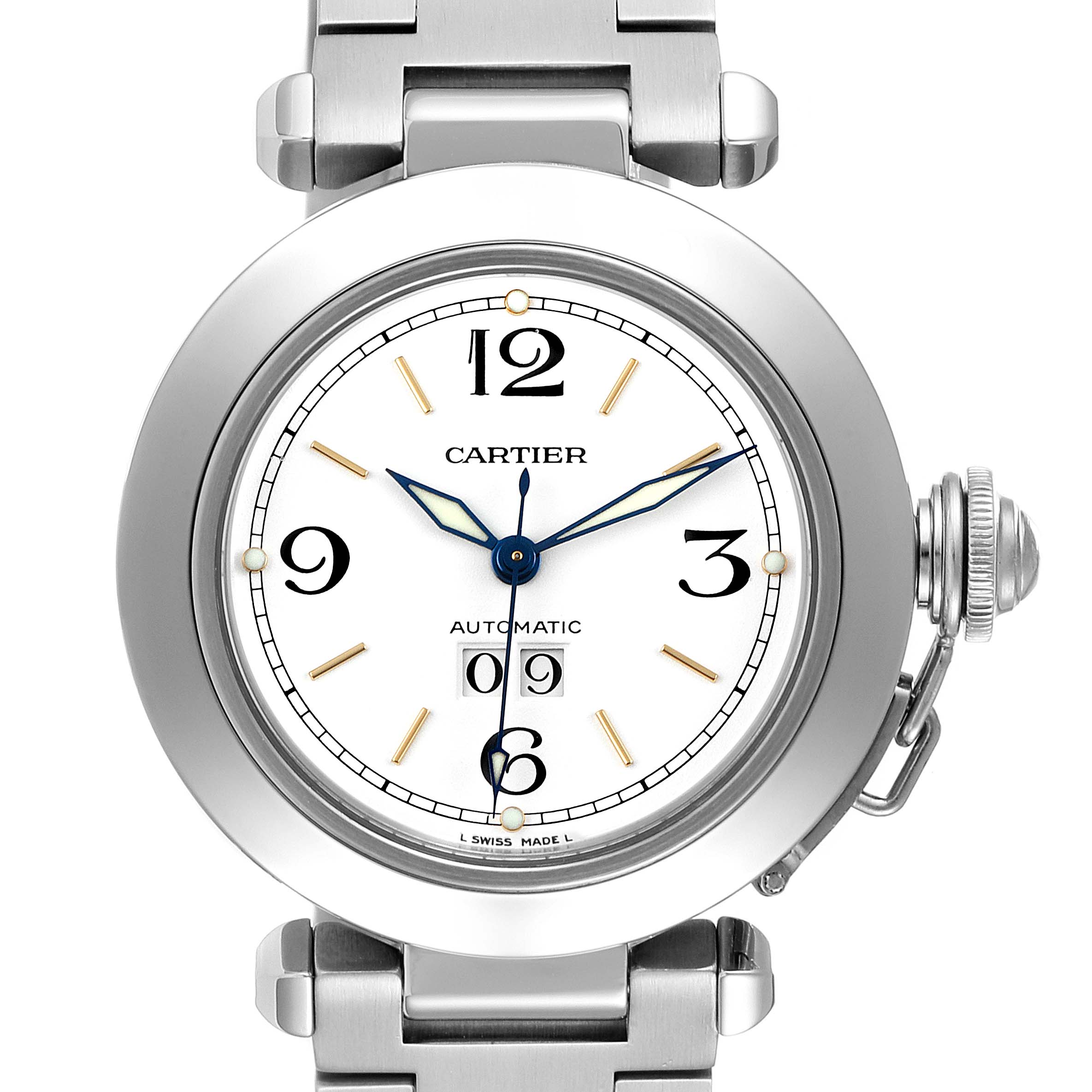 This image shows a front view of a Cartier Pasha W31044M7 Men's Stainless Steel White Dial W31044M7 Men's Stainless Steel White Dial model watch, displaying the face and part of the metal bracelet.
