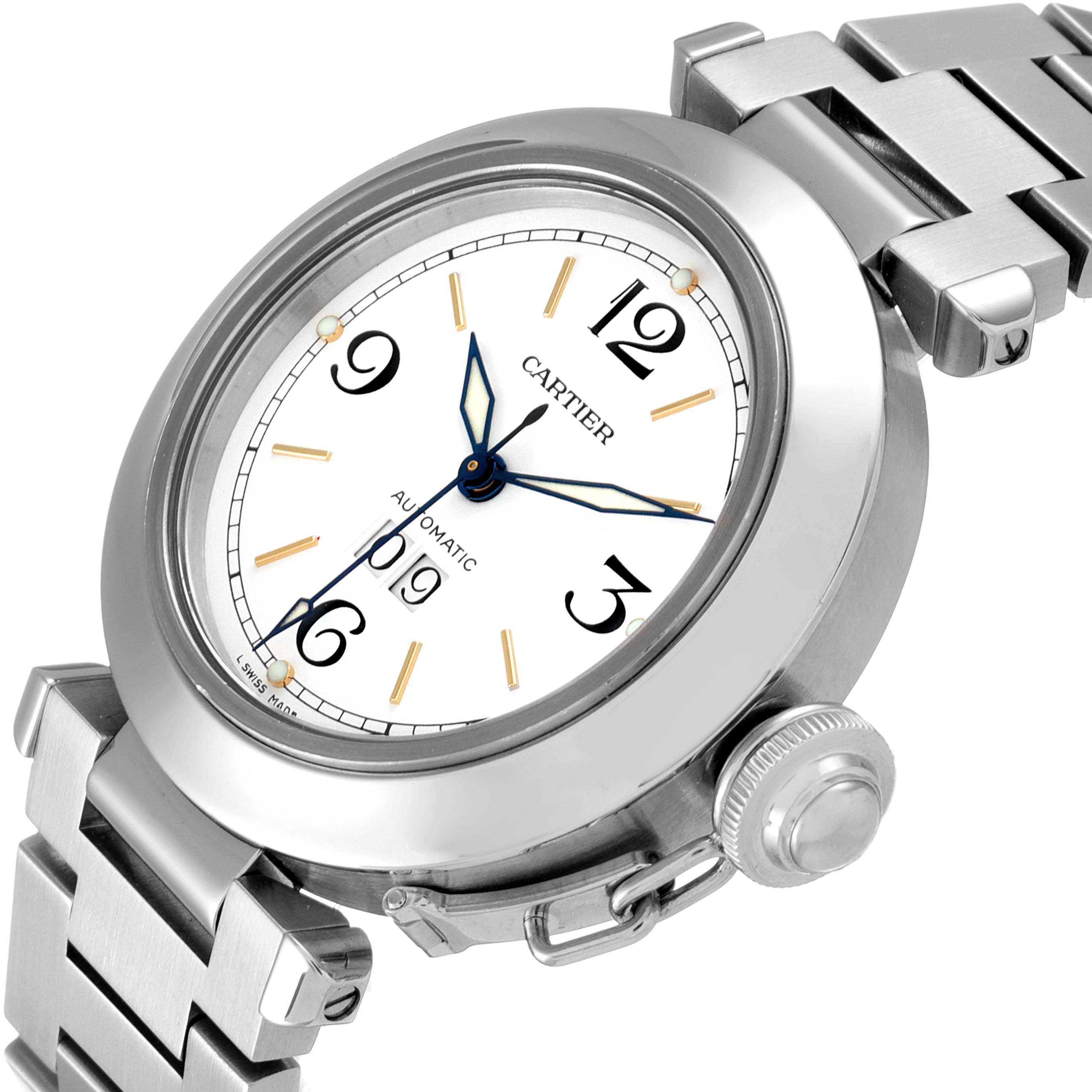 This image shows a Cartier Pasha W31044M7 Men's Stainless Steel White Dial W31044M7 Men's Stainless Steel White Dial watch at a slight angle, highlighting its face, bezel, crown, and part of the bracelet.