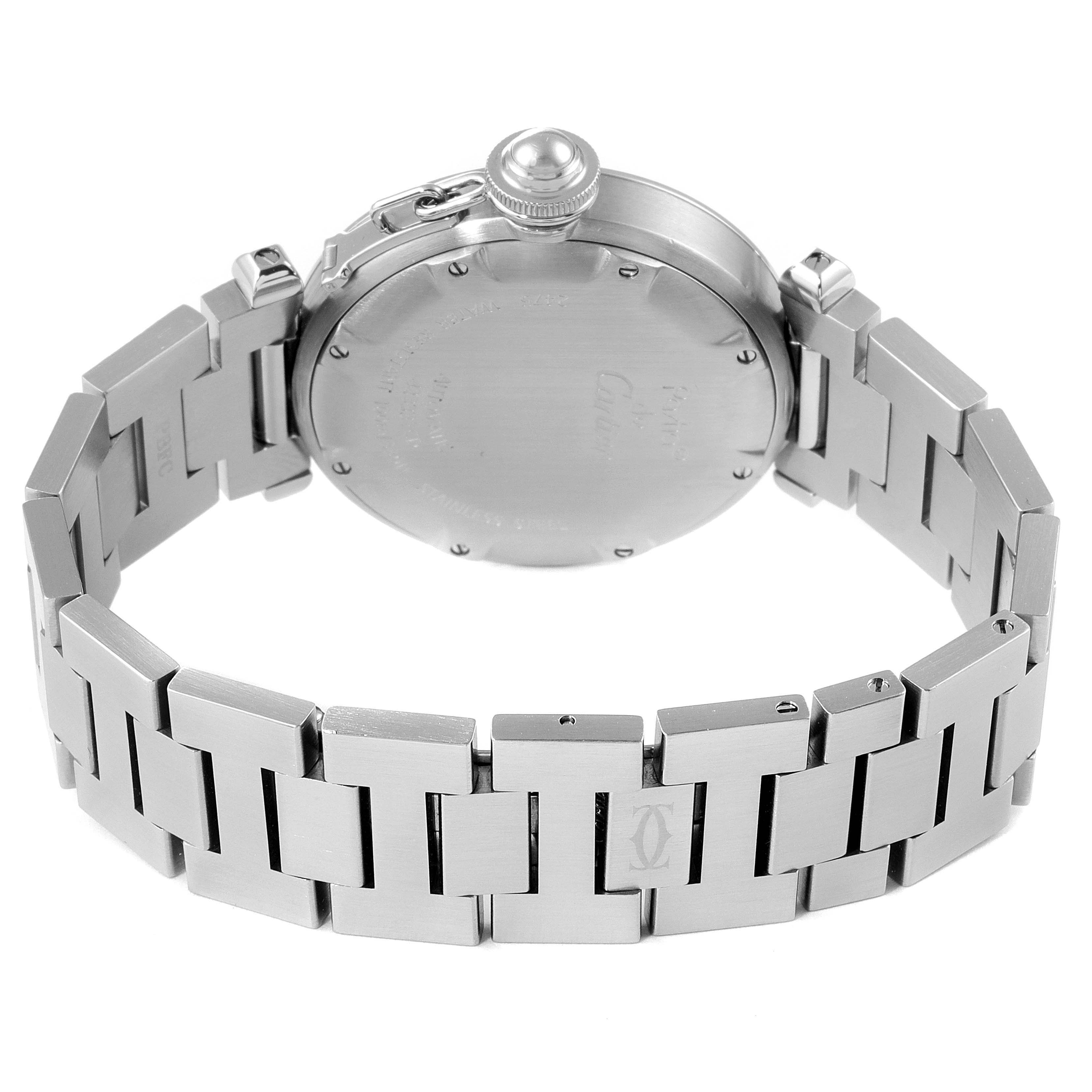 The image shows the back case and metal bracelet of a Cartier Pasha W31044M7 Men's Stainless Steel White Dial W31044M7 Men's Stainless Steel White Dial watch, viewed from a rear angle.