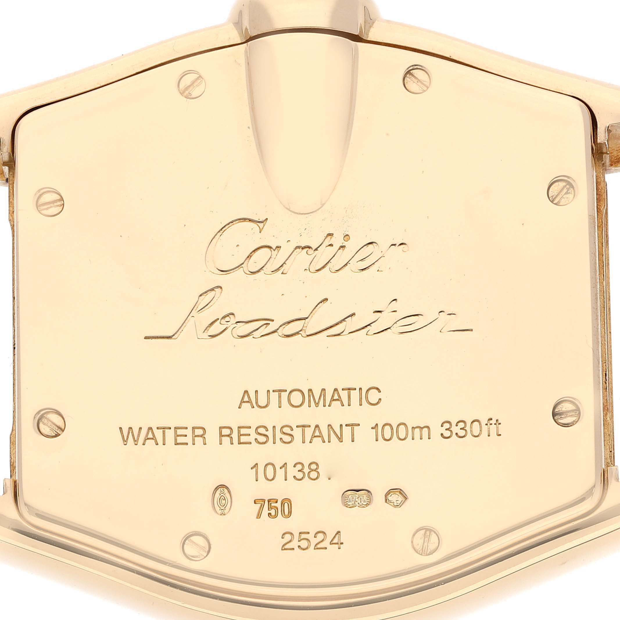 The image shows the back case of a Cartier Roadster W62005V2 Men's Yellow Gold Silver Dial W62005V2 Men's Yellow Gold Silver Dial watch, highlighting inscriptions and specifications.