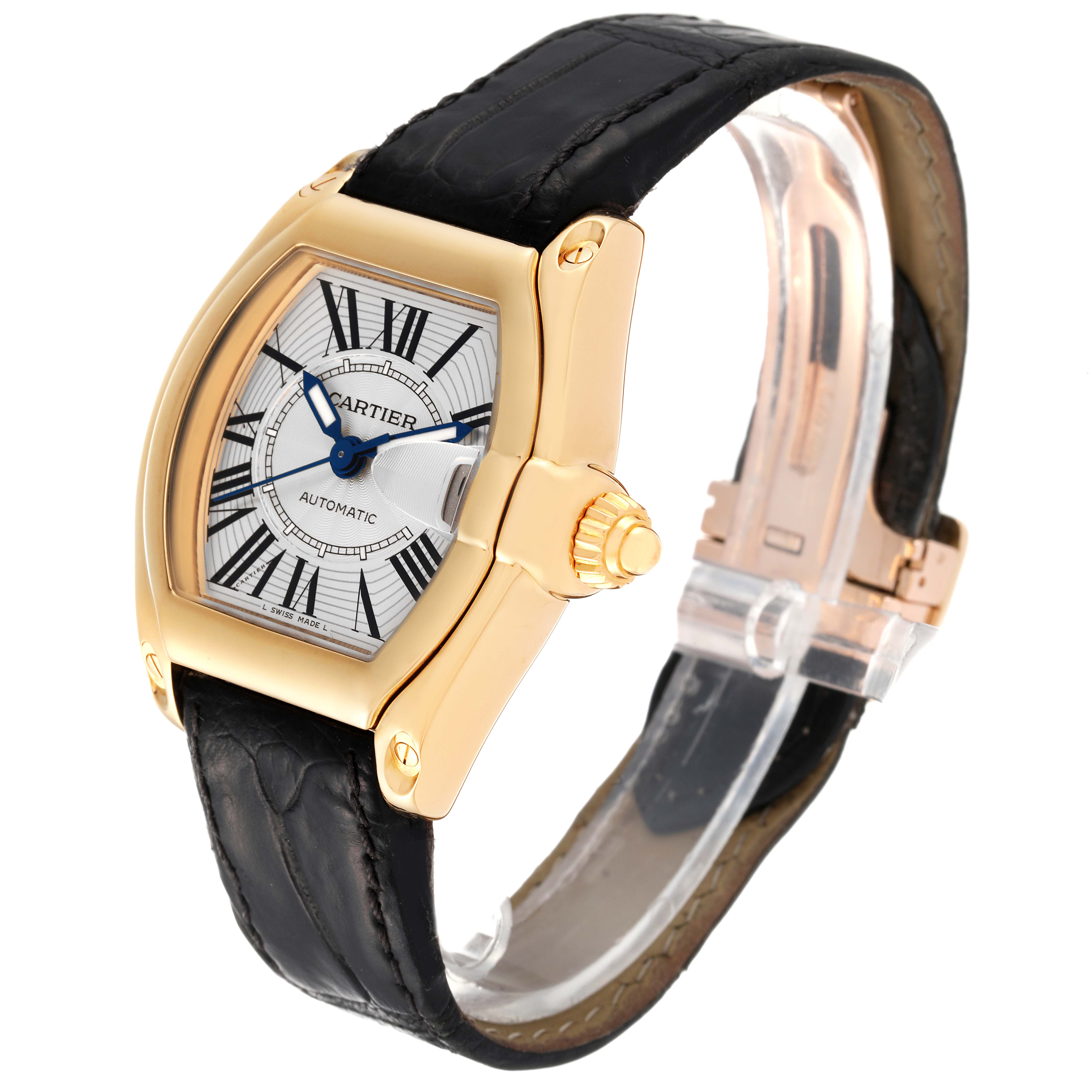 The Cartier Roadster W62005V2 Men's Yellow Gold Silver Dial W62005V2 Men's Yellow Gold Silver Dial watch is displayed at a slight side angle showcasing its face, crown, and strap.