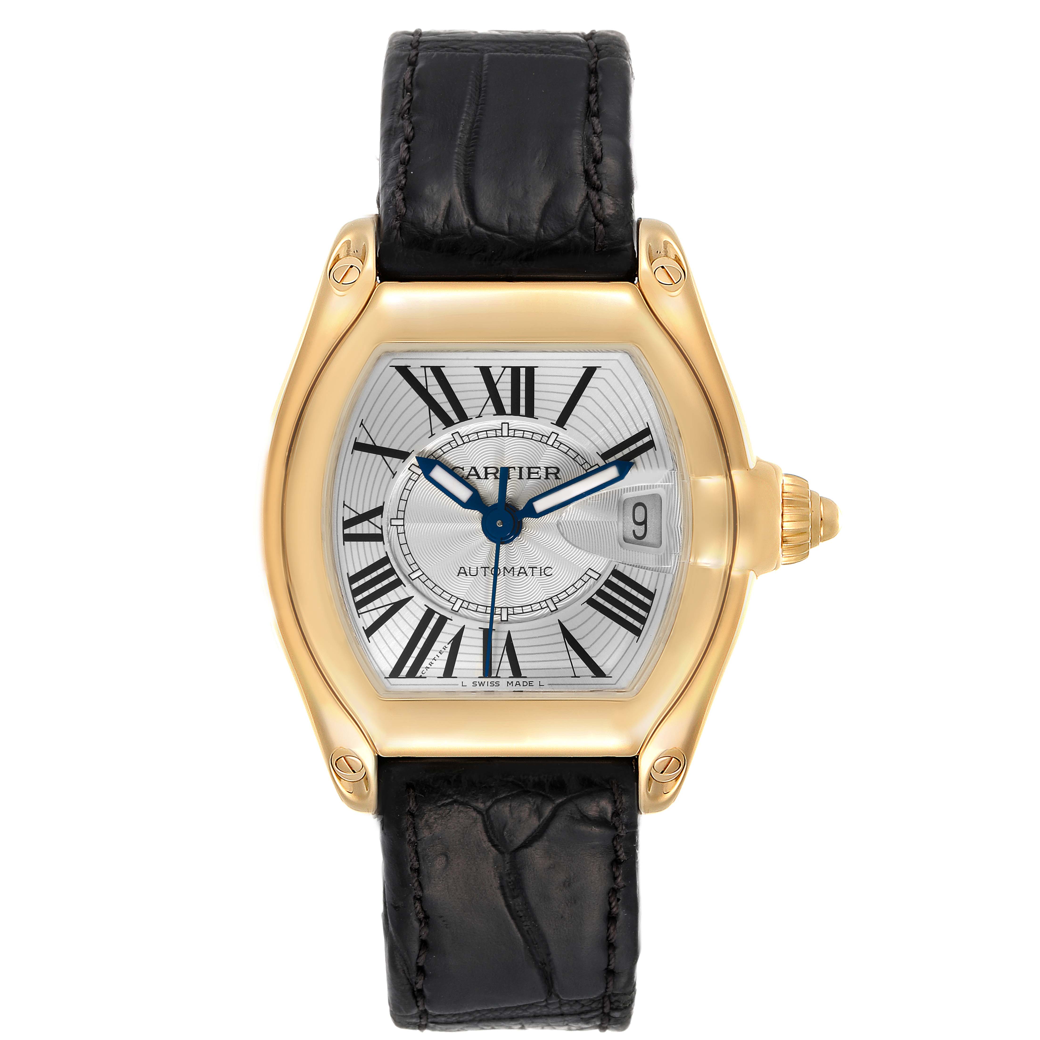 The image shows a frontal view of the Cartier Roadster W62005V2 Men's Yellow Gold Silver Dial W62005V2 Men's Yellow Gold Silver Dial watch displaying its dial, case, crown, and leather strap.