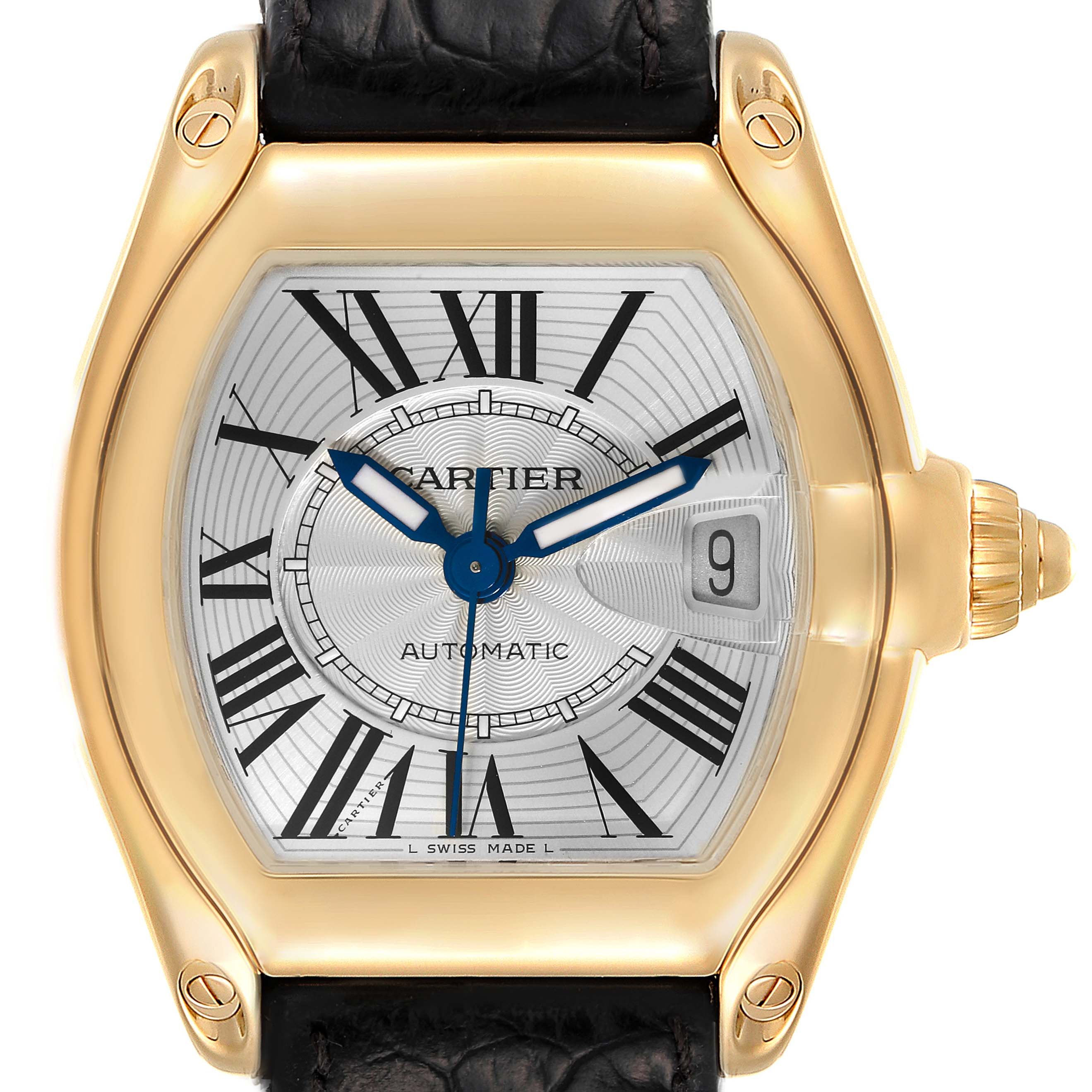 The image shows a Cartier Roadster W62005V2 Men's Yellow Gold Silver Dial W62005V2 Men's Yellow Gold Silver Dial watch face-on, displaying the dial, hands, date window, and part of the leather strap.