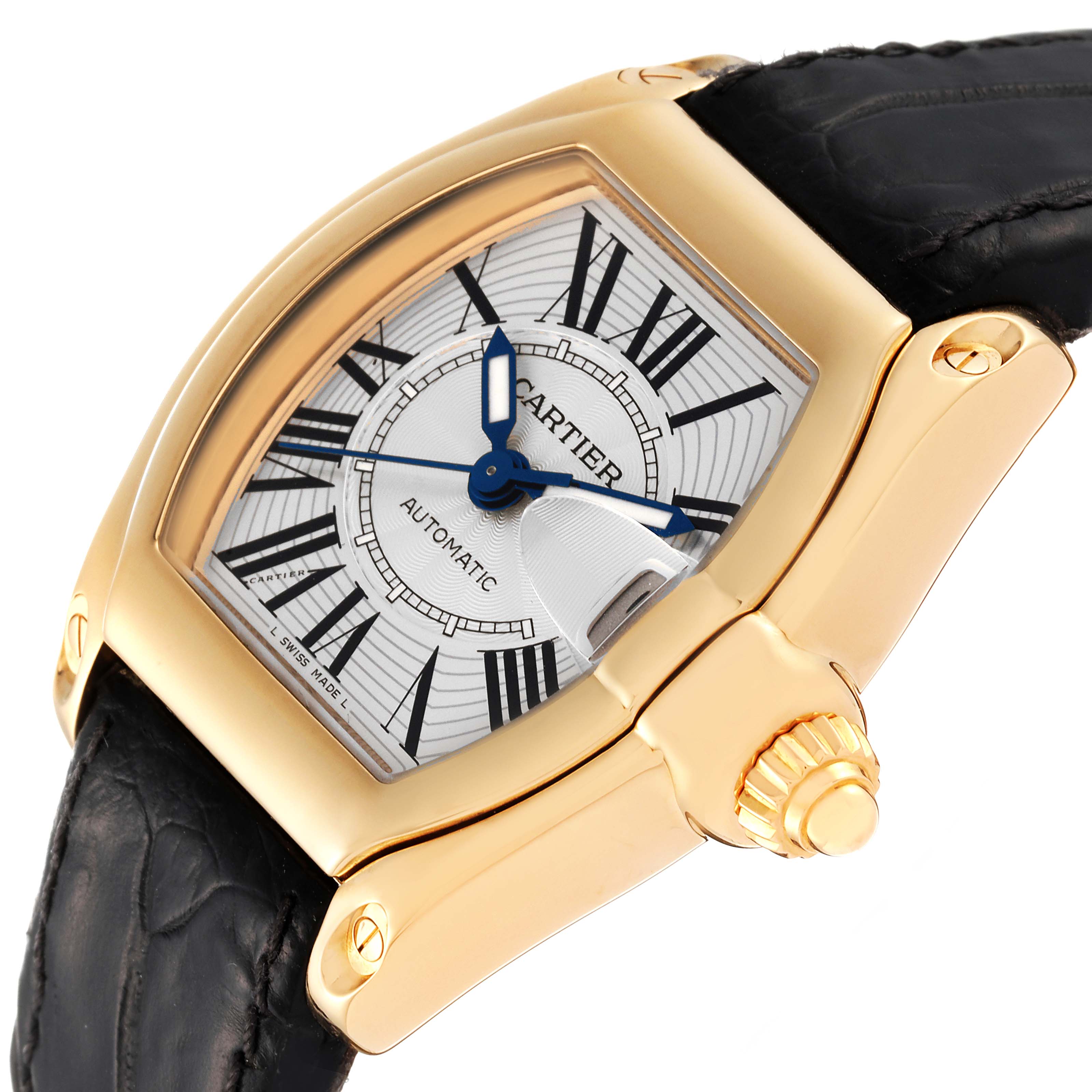 The image shows a close-up, angled view of the Cartier Roadster W62005V2 Men's Yellow Gold Silver Dial W62005V2 Men's Yellow Gold Silver Dial watch, highlighting its face, crown, and part of the leather strap.