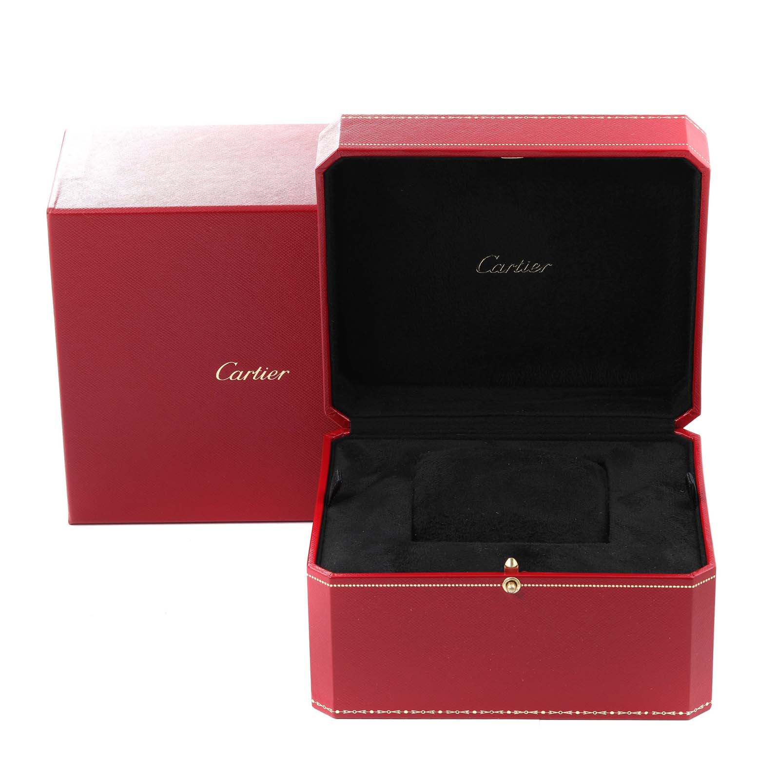 The image shows the red presentation box for the Roadster model by Cartier, with the lid open revealing a black interior.