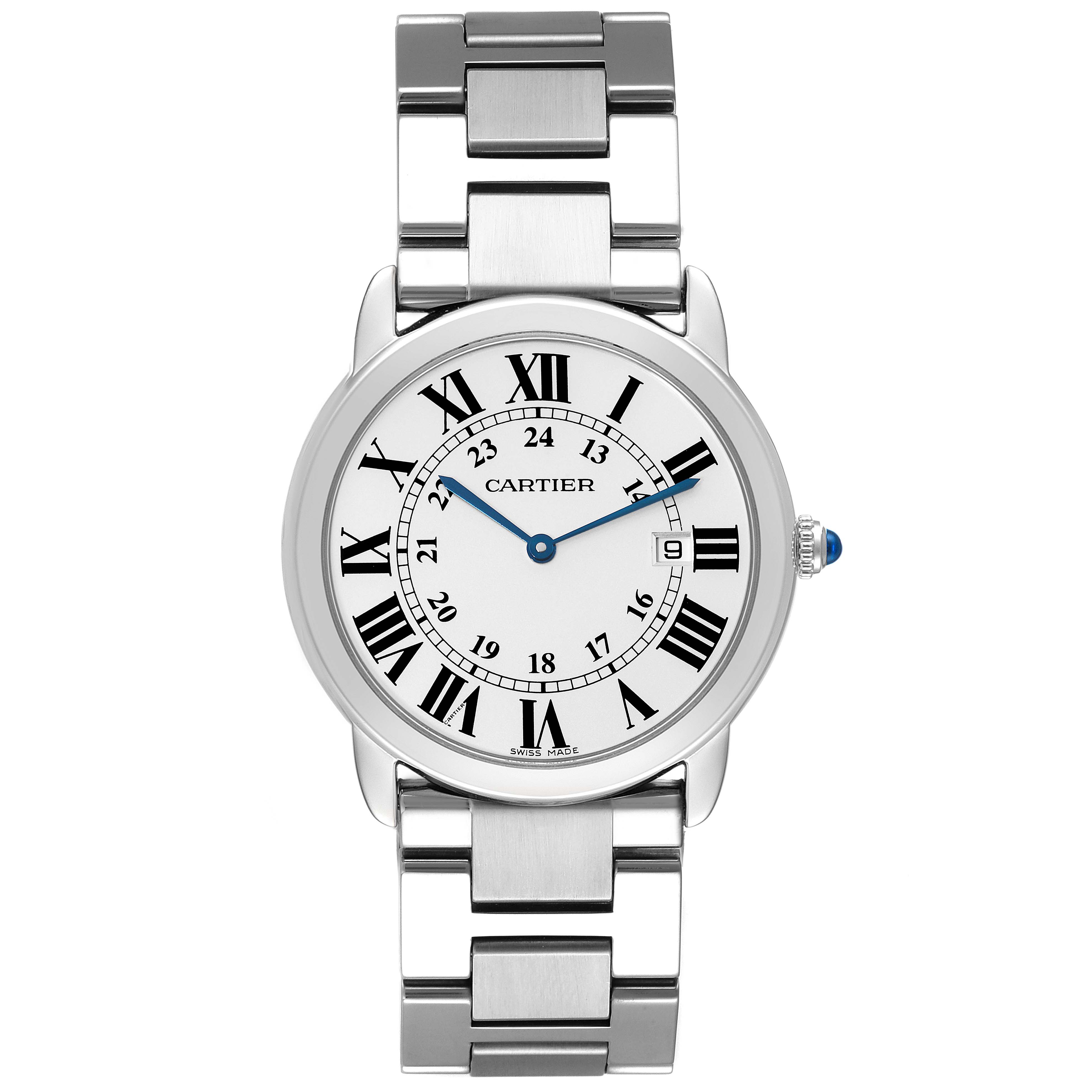 This image shows a front view of the Cartier Ronde W6701005 Men's Stainless Steel Silver Dial W6701005 Men's Stainless Steel Silver Dial model watch, highlighting the dial, hands, and bracelet.