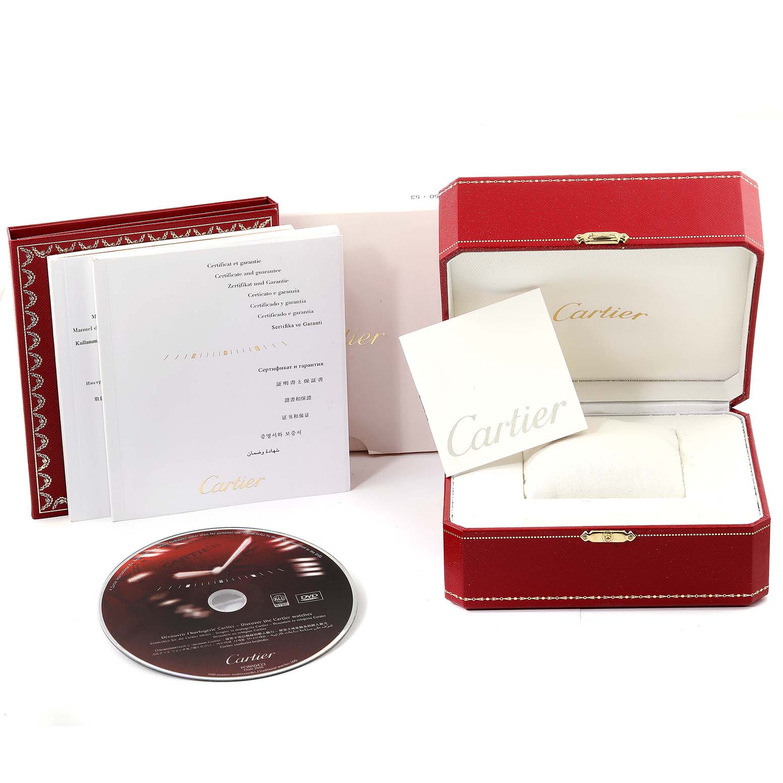 The image shows the Cartier Ronde W6701005 Men's Stainless Steel Silver Dial W6701005 Men's Stainless Steel Silver Dial model watch accessories, including a red box, manual, warranty cards, and a CD.