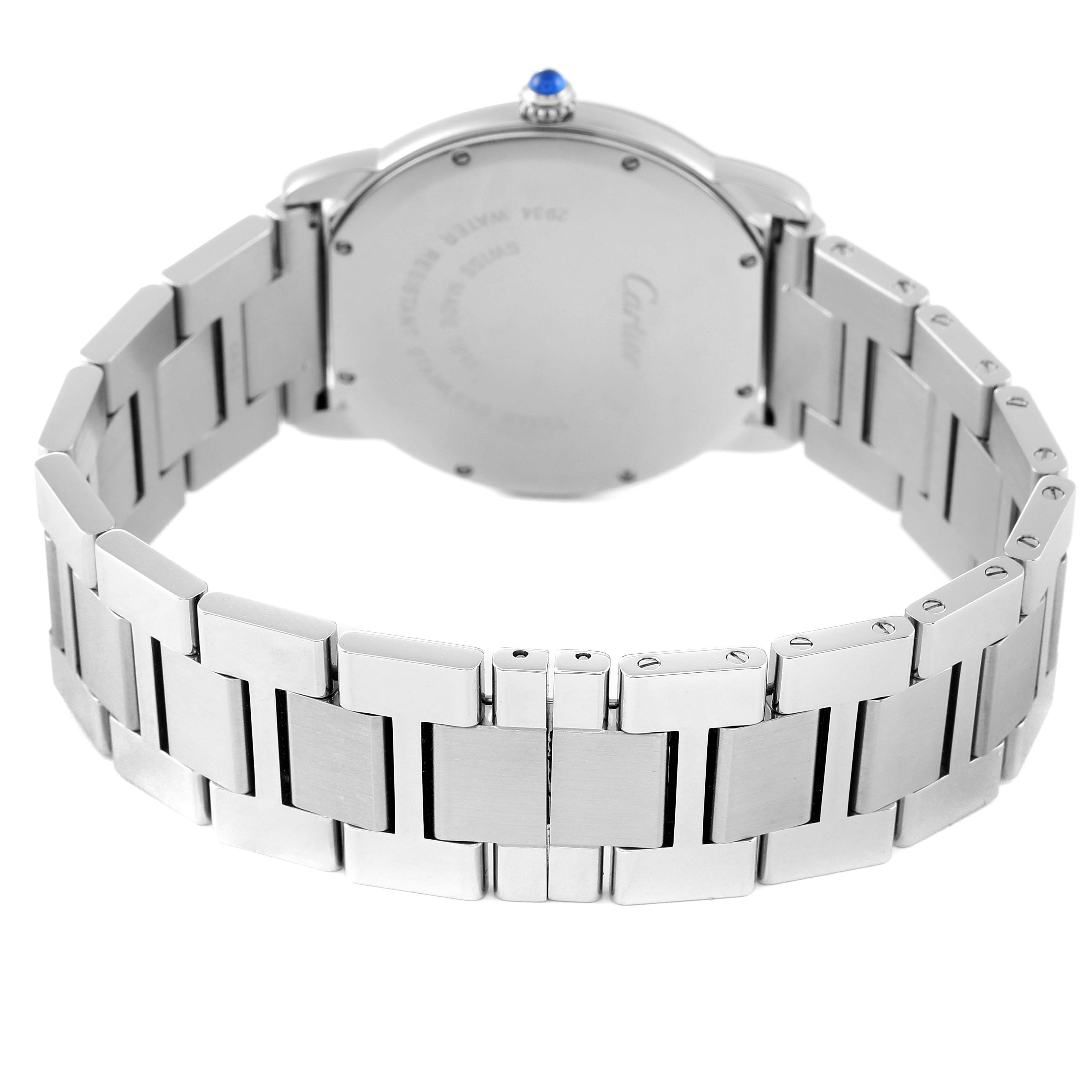 The image shows the back and bracelet of the Cartier Ronde W6701005 Men's Stainless Steel Silver Dial W6701005 Men's Stainless Steel Silver Dial watch from a rear angle.