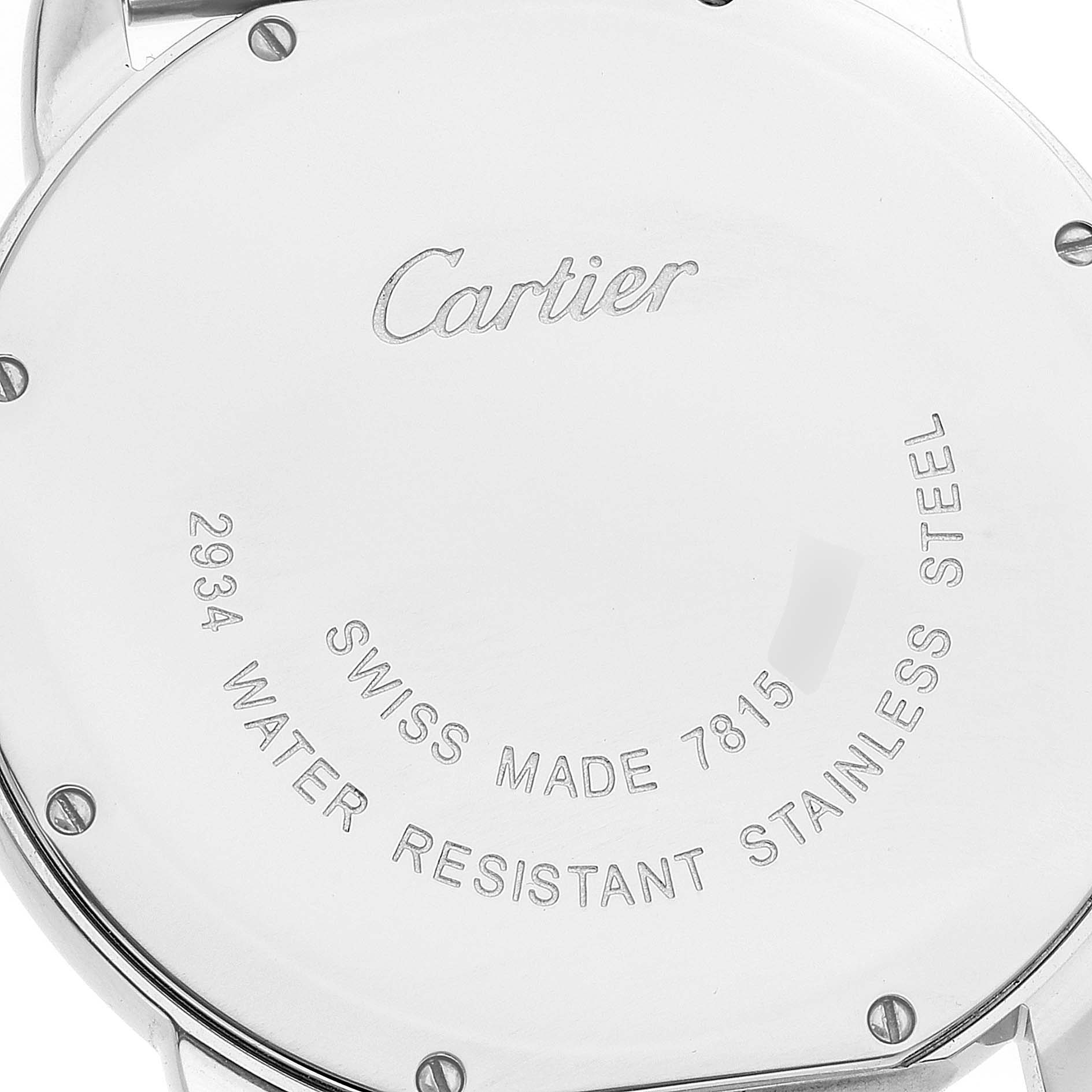 The image shows the back case of the Cartier Ronde W6701005 Men's Stainless Steel Silver Dial W6701005 Men's Stainless Steel Silver Dial model watch, featuring the brand name and specifications.