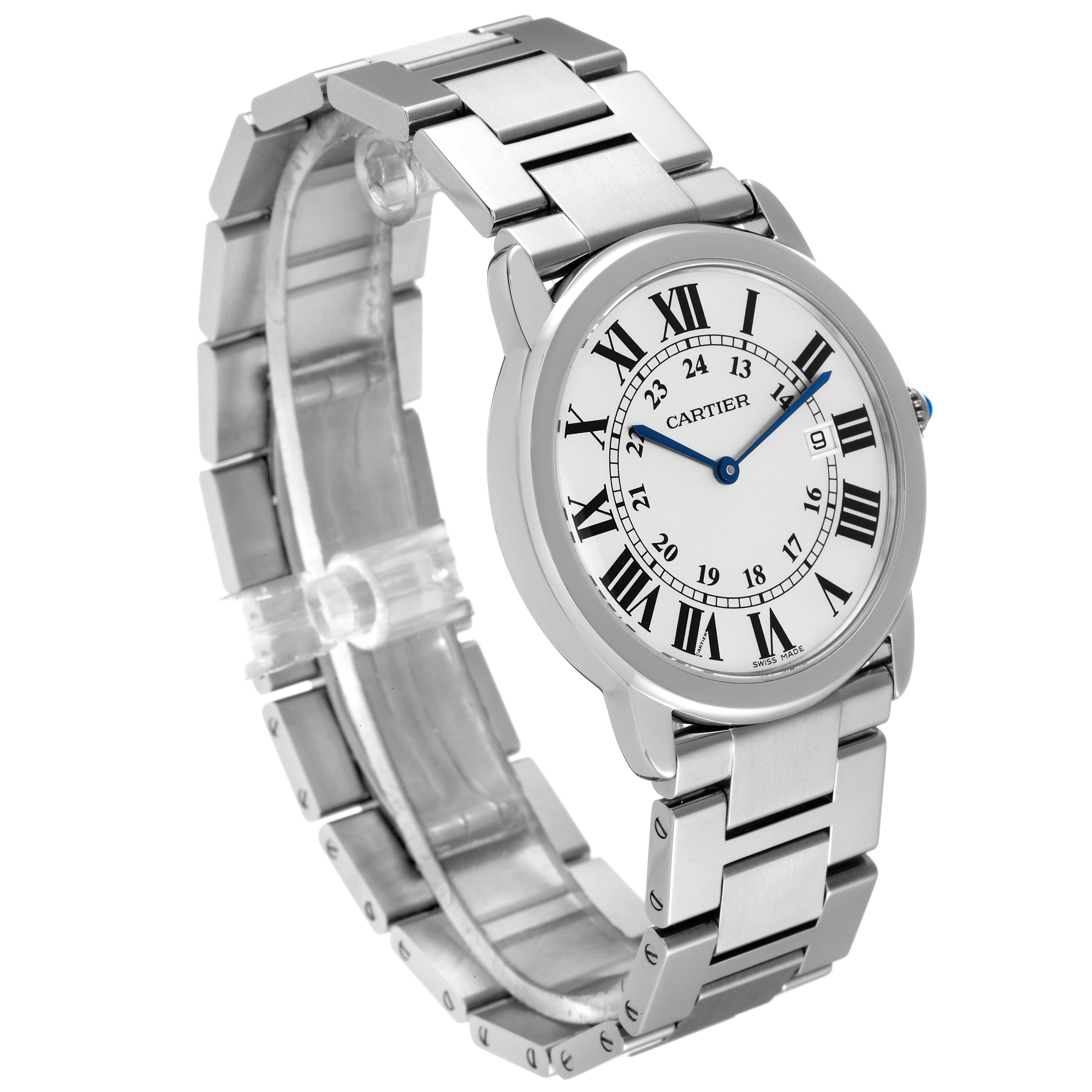 This is a Cartier Ronde W6701005 Men's Stainless Steel Silver Dial W6701005 Men's Stainless Steel Silver Dial model watch, shown from an angled perspective, highlighting the face and metal bracelet.