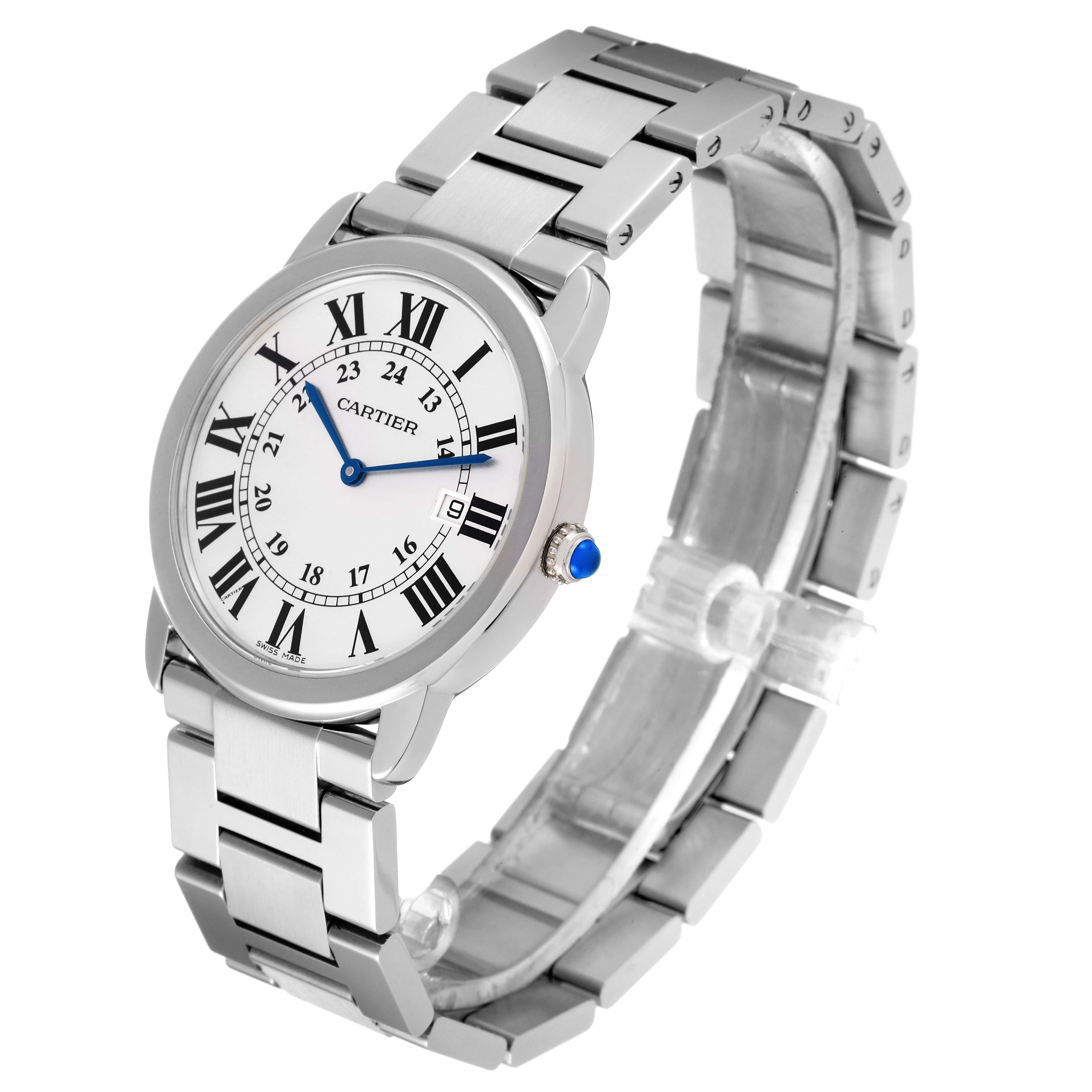 The Ronde model by Cartier is shown at an angle displaying the face, crown, and stainless steel bracelet.