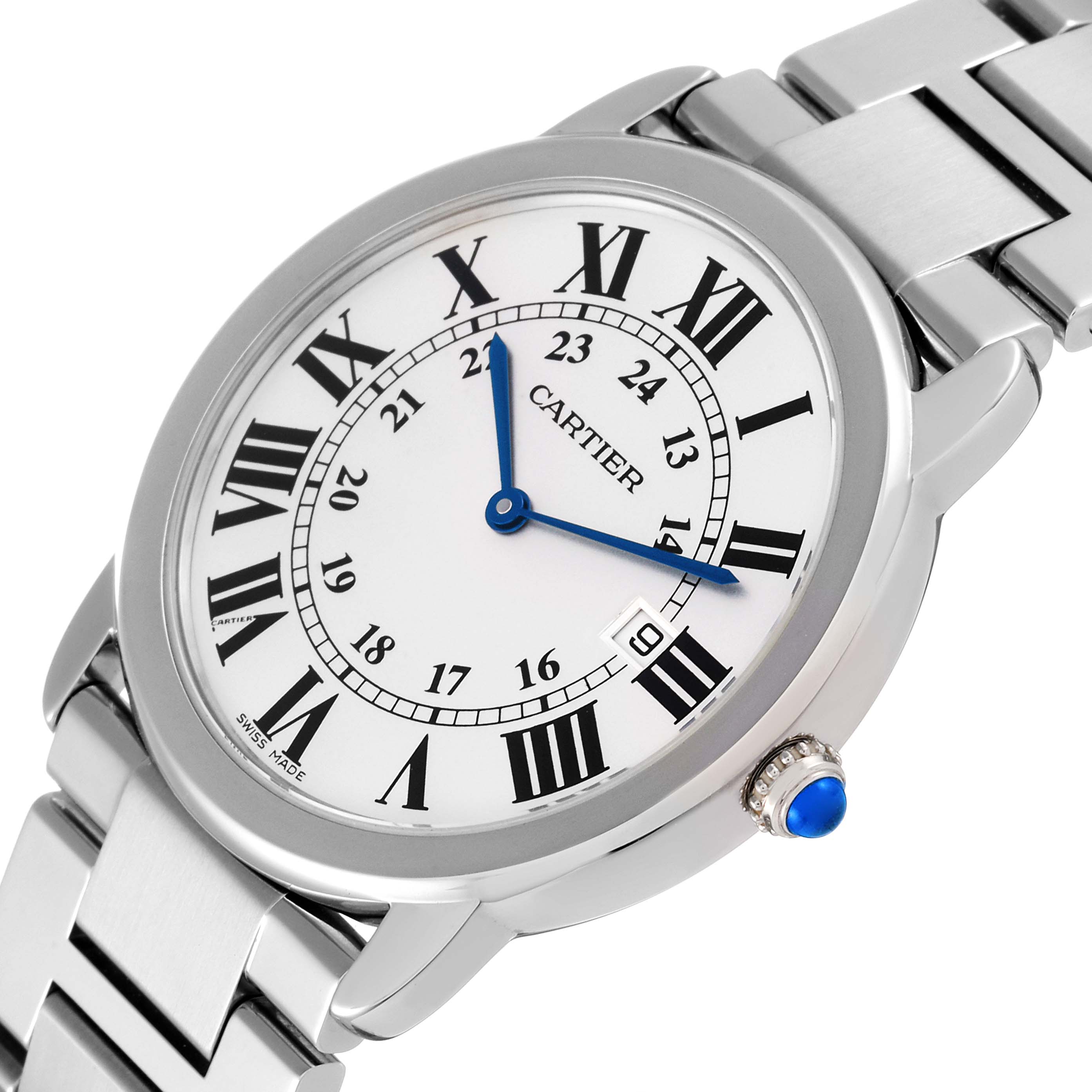 The image shows a Cartier Ronde W6701005 Men's Stainless Steel Silver Dial W6701005 Men's Stainless Steel Silver Dial watch at an angled view, displaying the face, crown, and part of the bracelet.