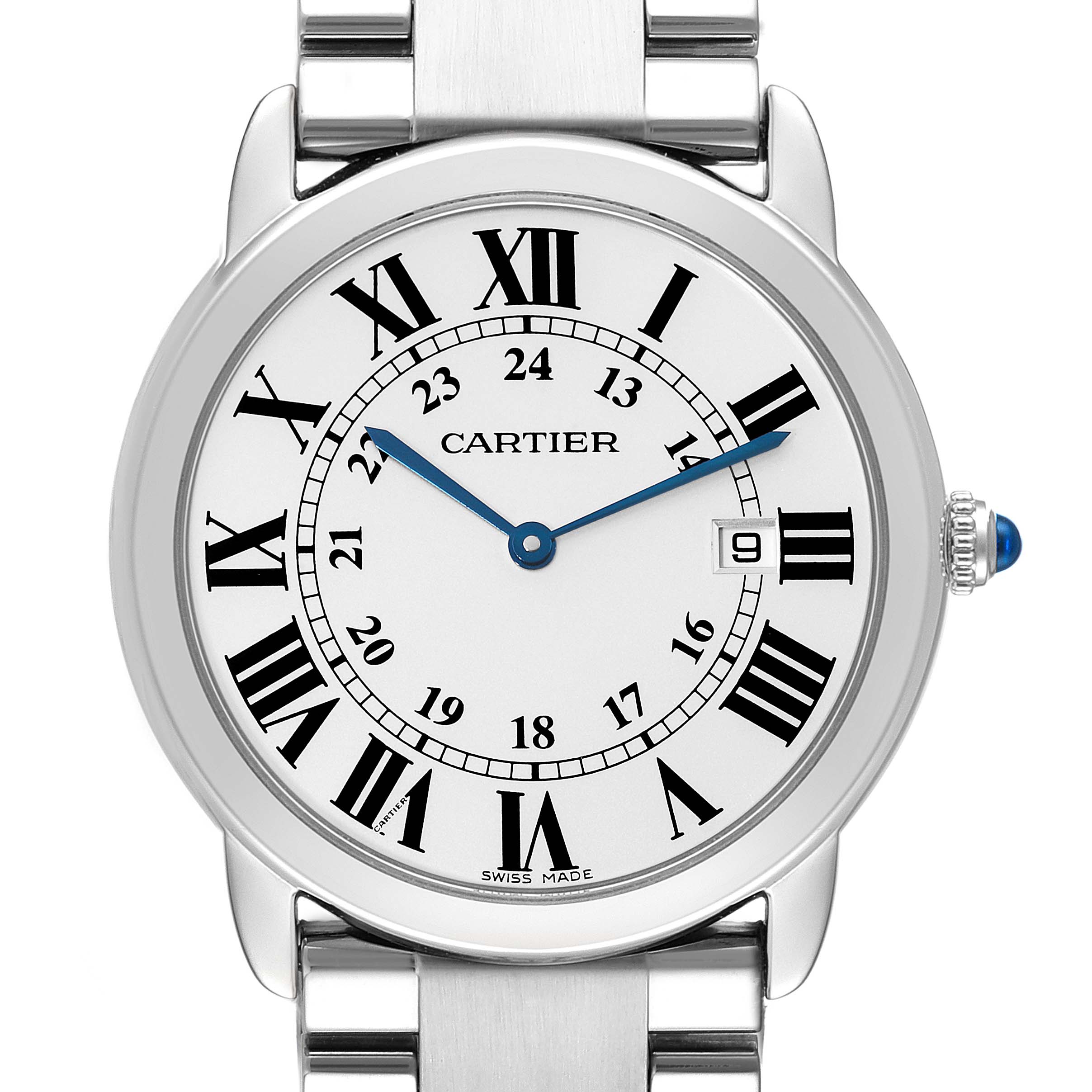 This image shows a front view of the Cartier Ronde W6701005 Men's Stainless Steel Silver Dial W6701005 Men's Stainless Steel Silver Dial watch, highlighting its face, Roman numerals, blue hands, and date indicator.