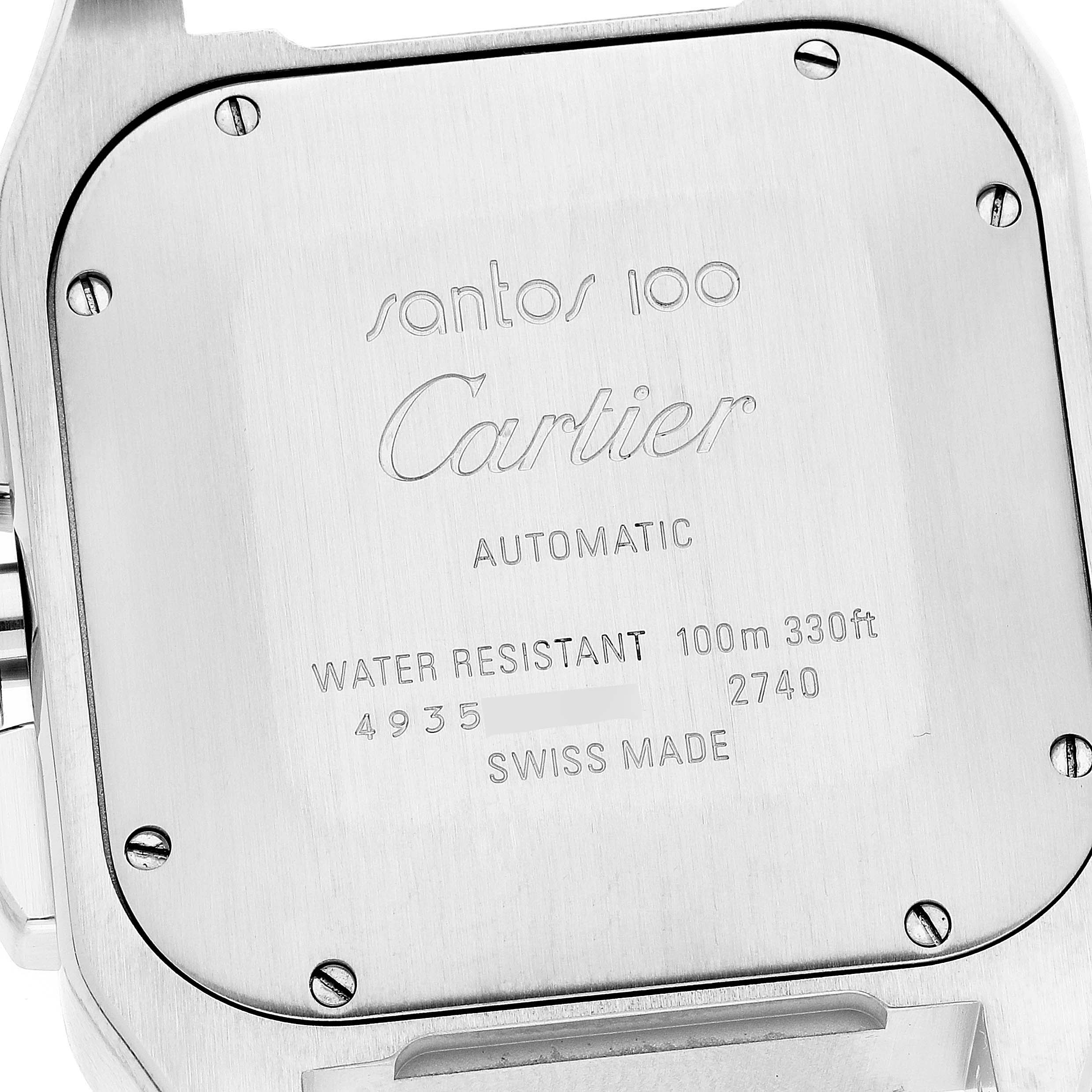 This image shows the back case of a Cartier Santos W20091X7 Men's Steel and Gold (two tone) Silver Dial W20091X7 Men's Steel and Gold (two tone) Silver Dial 100 watch, highlighting the engraving and screws.