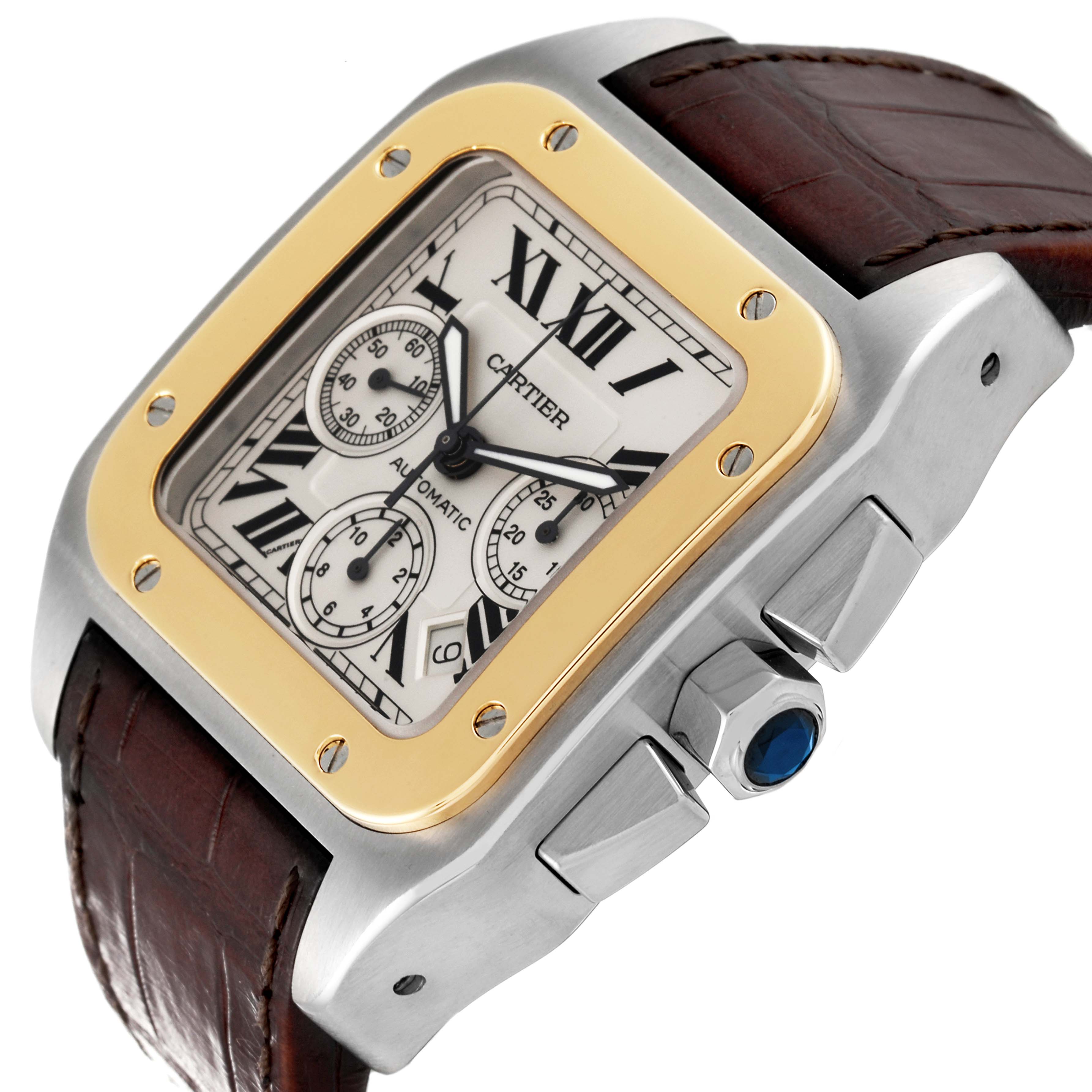 This Cartier Santos W20091X7 Men's Steel and Gold (two tone) Silver Dial W20091X7 Men's Steel and Gold (two tone) Silver Dial watch is shown at a three-quarter angle, displaying its dial, bezel, crown, and leather strap.