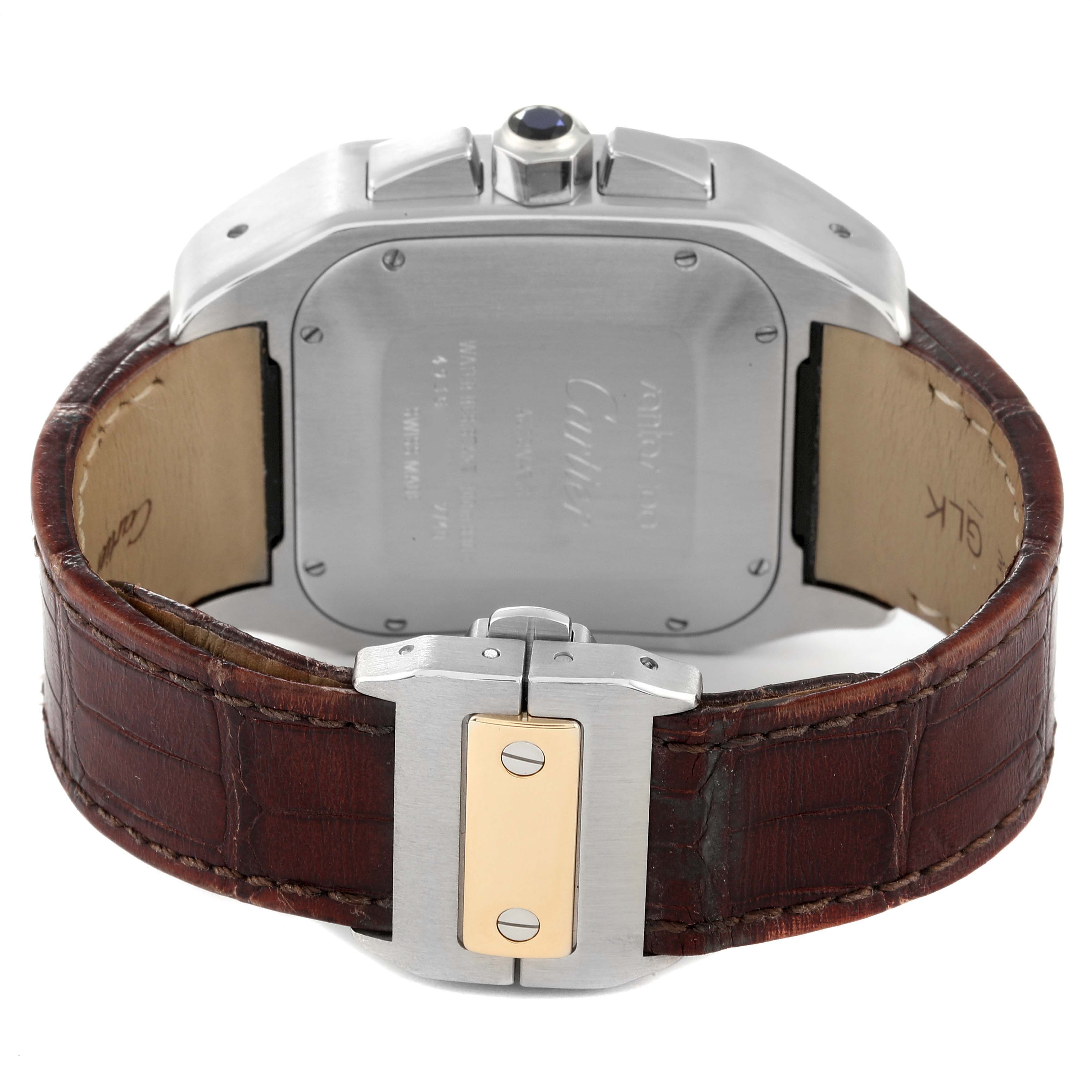This image shows the back of a Cartier Santos W20091X7 Men's Steel and Gold (two tone) Silver Dial W20091X7 Men's Steel and Gold (two tone) Silver Dial watch, focusing on the caseback, strap, and clasp.