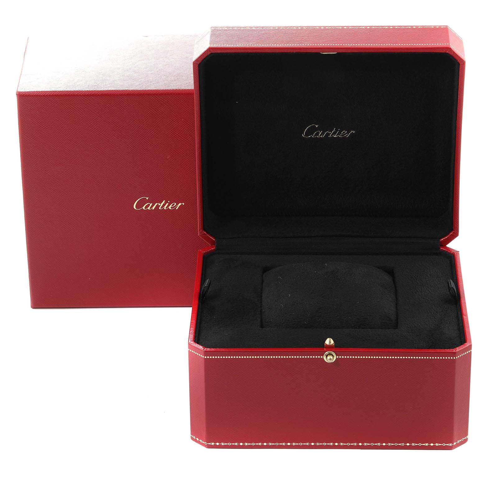 The image shows an open Cartier Santos W20091X7 Men's Steel and Gold (two tone) Silver Dial W20091X7 Men's Steel and Gold (two tone) Silver Dial watch box and its outer red packaging box.