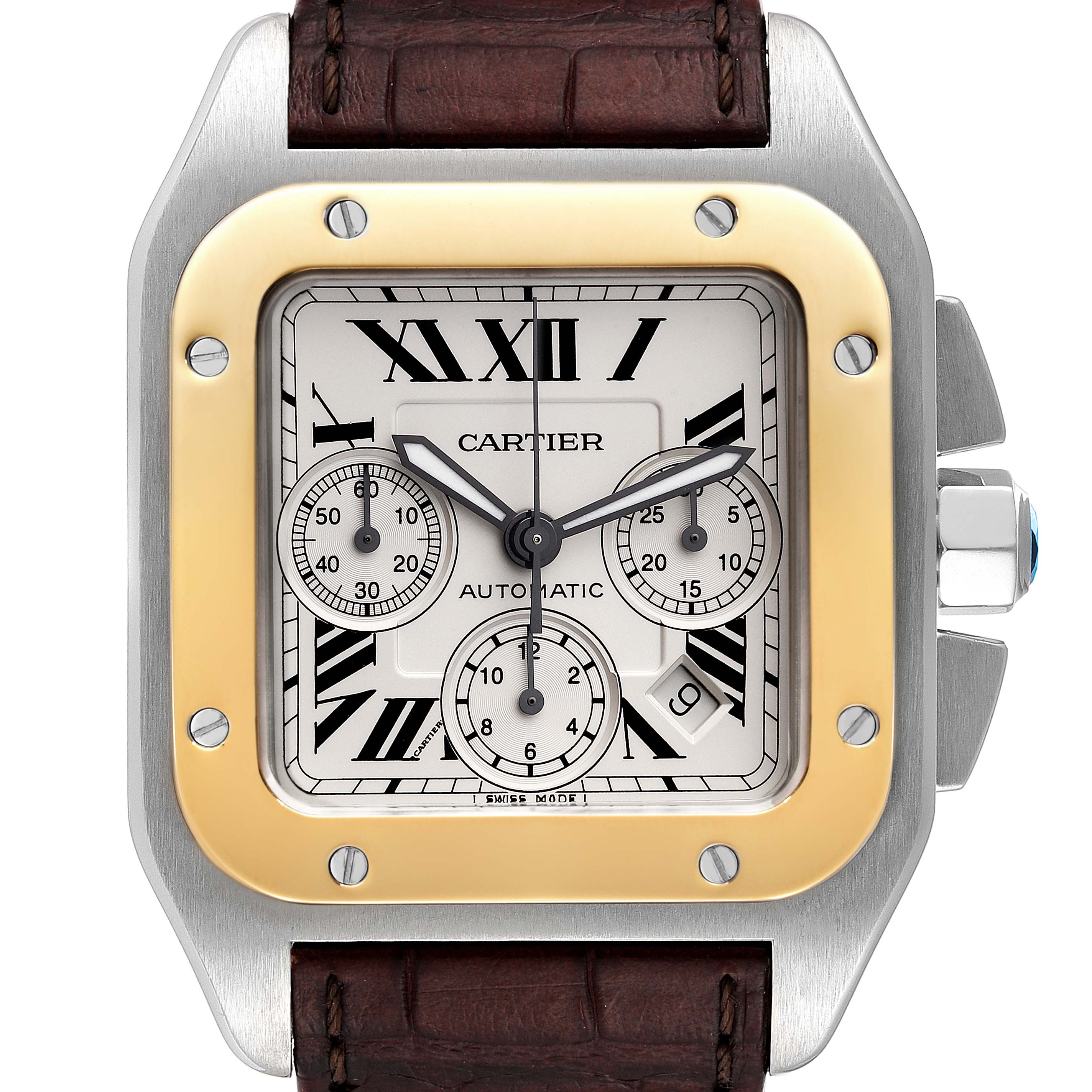 Front close-up of a Cartier Santos W20091X7 Men's Steel and Gold (two tone) Silver Dial W20091X7 Men's Steel and Gold (two tone) Silver Dial model watch showing the dial, subdials, bezel, and part of the leather strap.