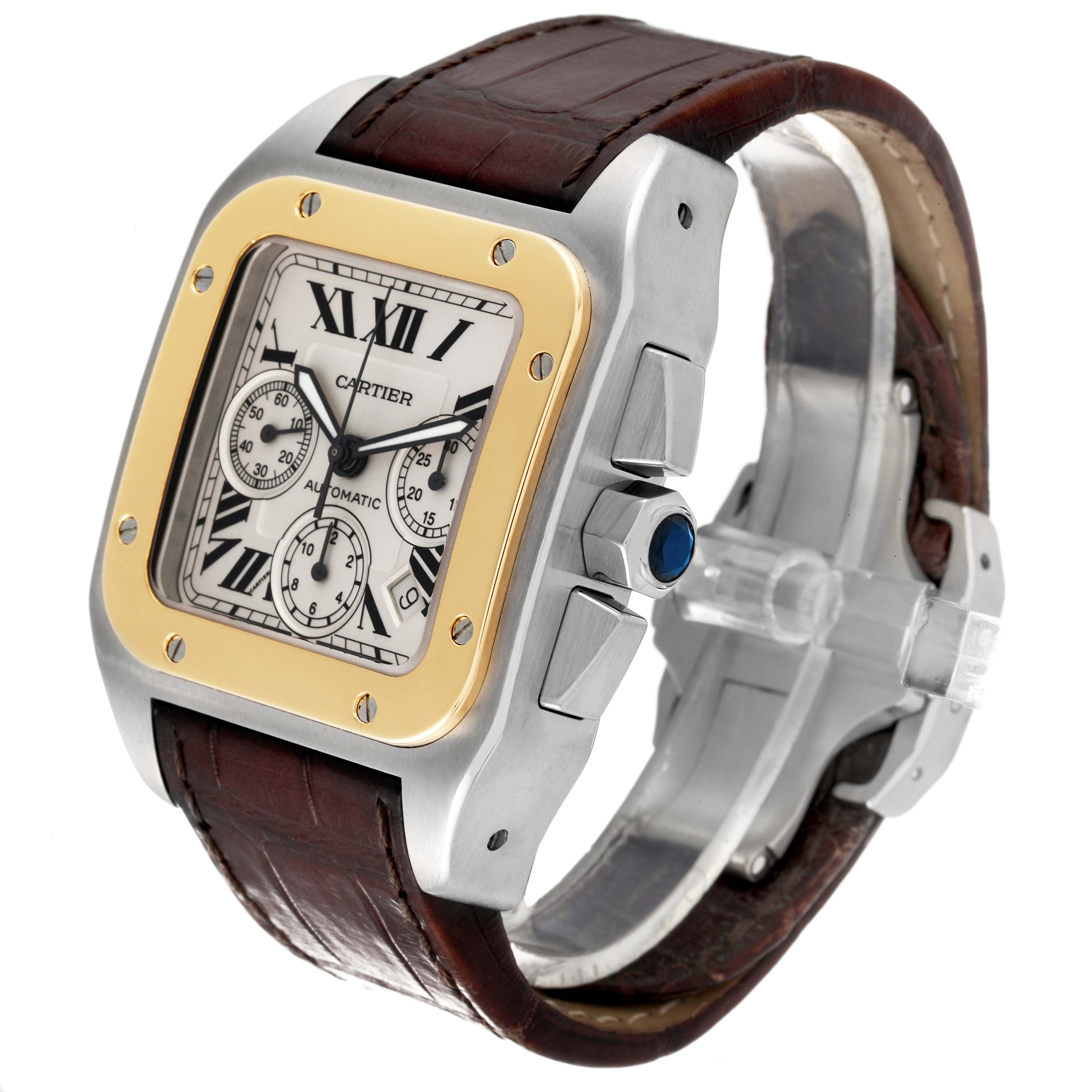 The Cartier Santos W20091X7 Men's Steel and Gold (two tone) Silver Dial W20091X7 Men's Steel and Gold (two tone) Silver Dial model watch is shown at an angled side view, highlighting its face, bezel, crown, and leather strap.