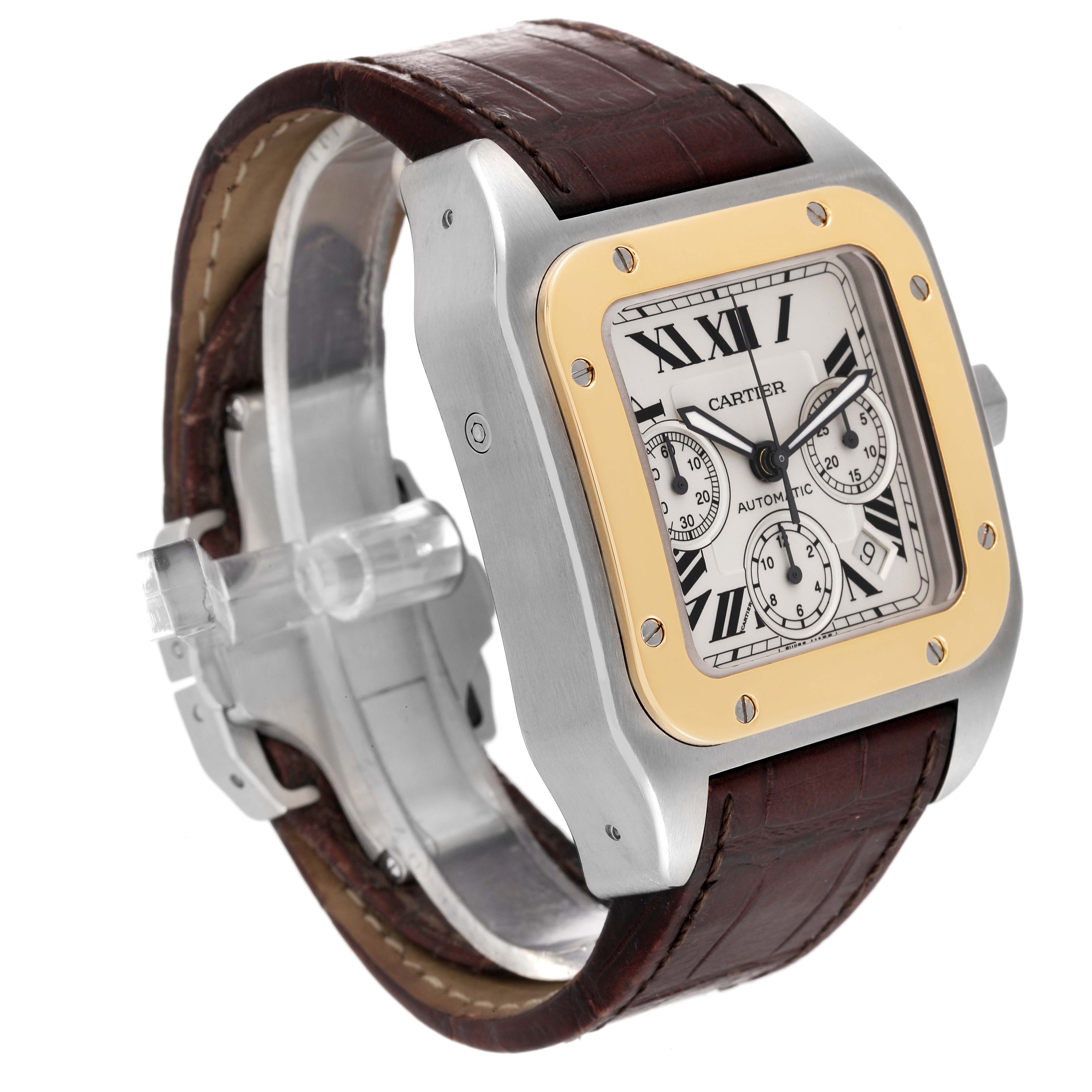This image shows a Cartier Santos W20091X7 Men's Steel and Gold (two tone) Silver Dial W20091X7 Men's Steel and Gold (two tone) Silver Dial model watch at an angle highlighting the face, bezel, and leather strap.