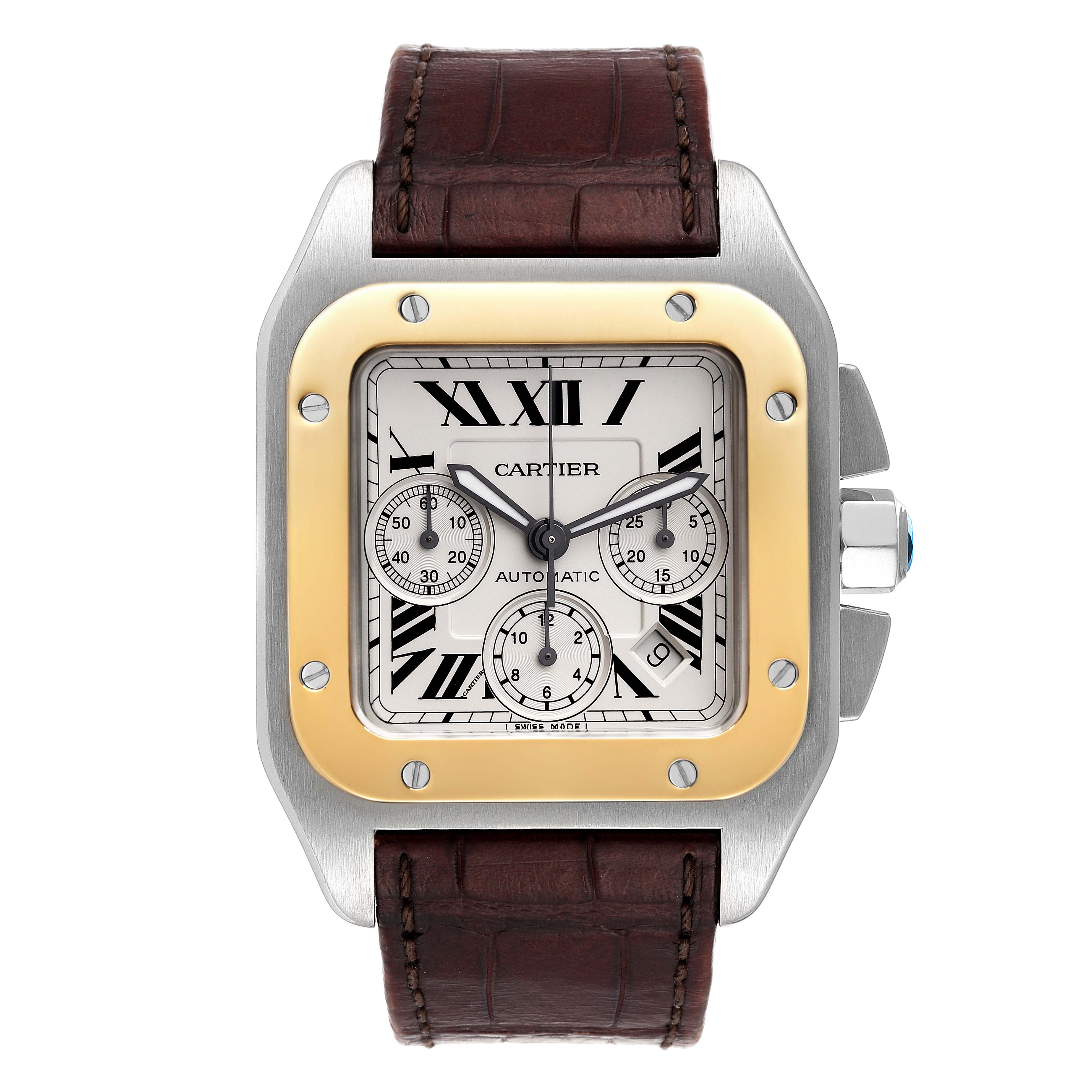 The image shows a front view of the Cartier Santos W20091X7 Men's Steel and Gold (two tone) Silver Dial W20091X7 Men's Steel and Gold (two tone) Silver Dial model watch, highlighting its square face, chronograph sub-dials, and leather strap.