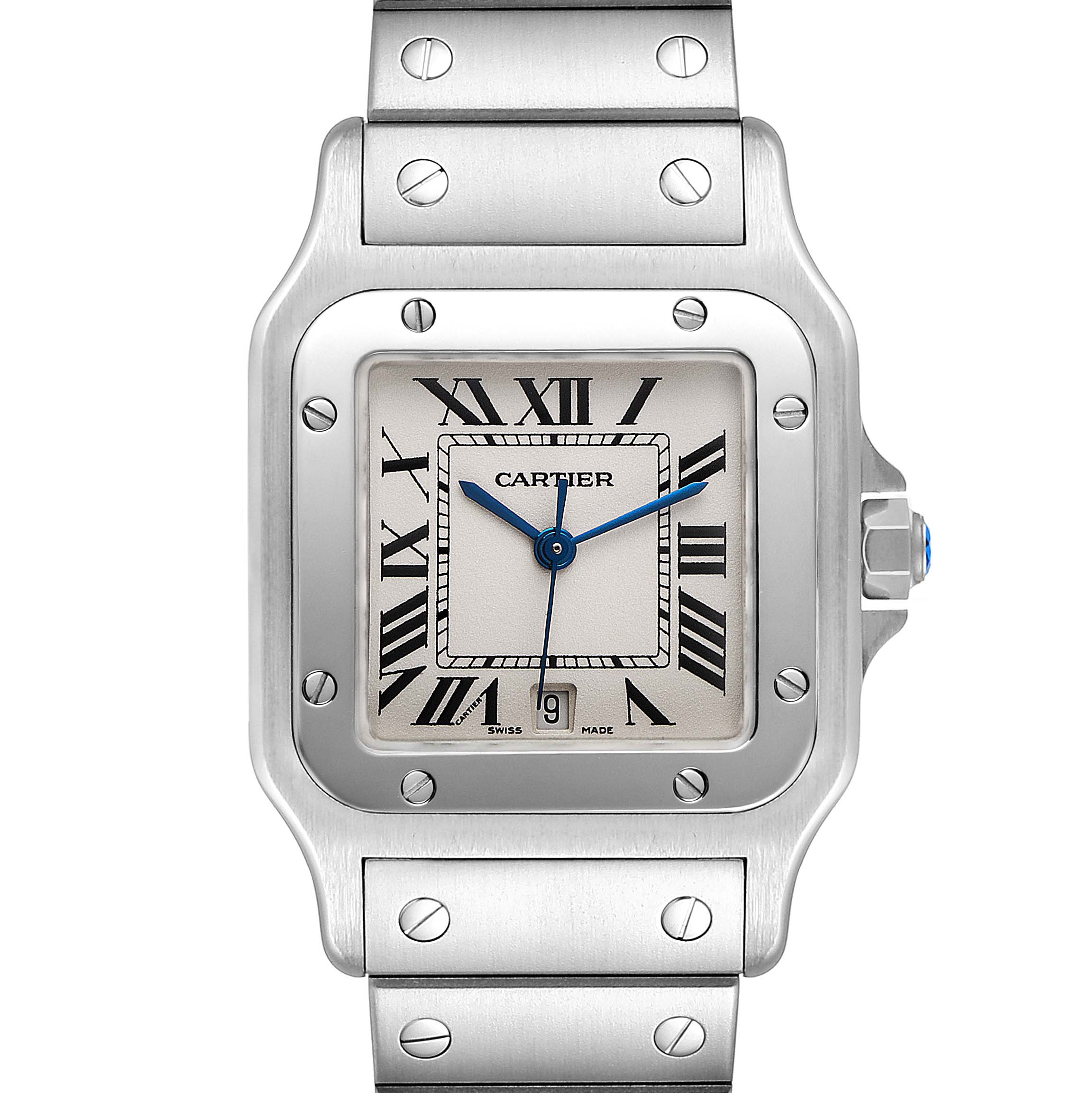 This image shows a frontal view of the Cartier Santos W20060D6 Men's Stainless Steel Silver Dial W20060D6 Men's Stainless Steel Silver Dial watch, highlighting the face, bezel, and part of the metal bracelet.