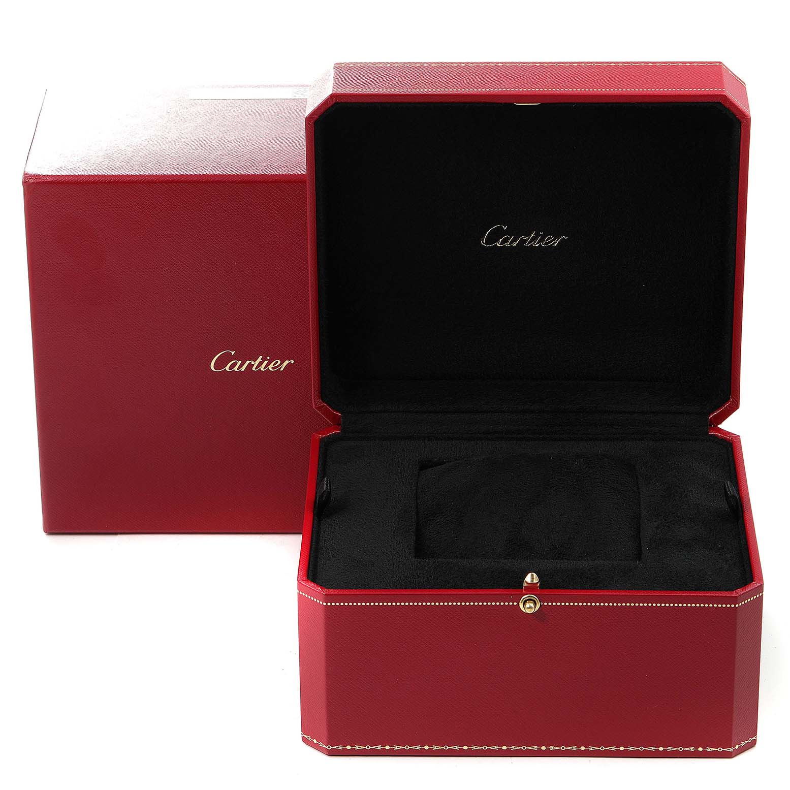 The image shows an open Cartier Santos W20060D6 Men's Stainless Steel Silver Dial W20060D6 Men's Stainless Steel Silver Dial watch box at an angle, displaying its interior and another closed red Cartier box.