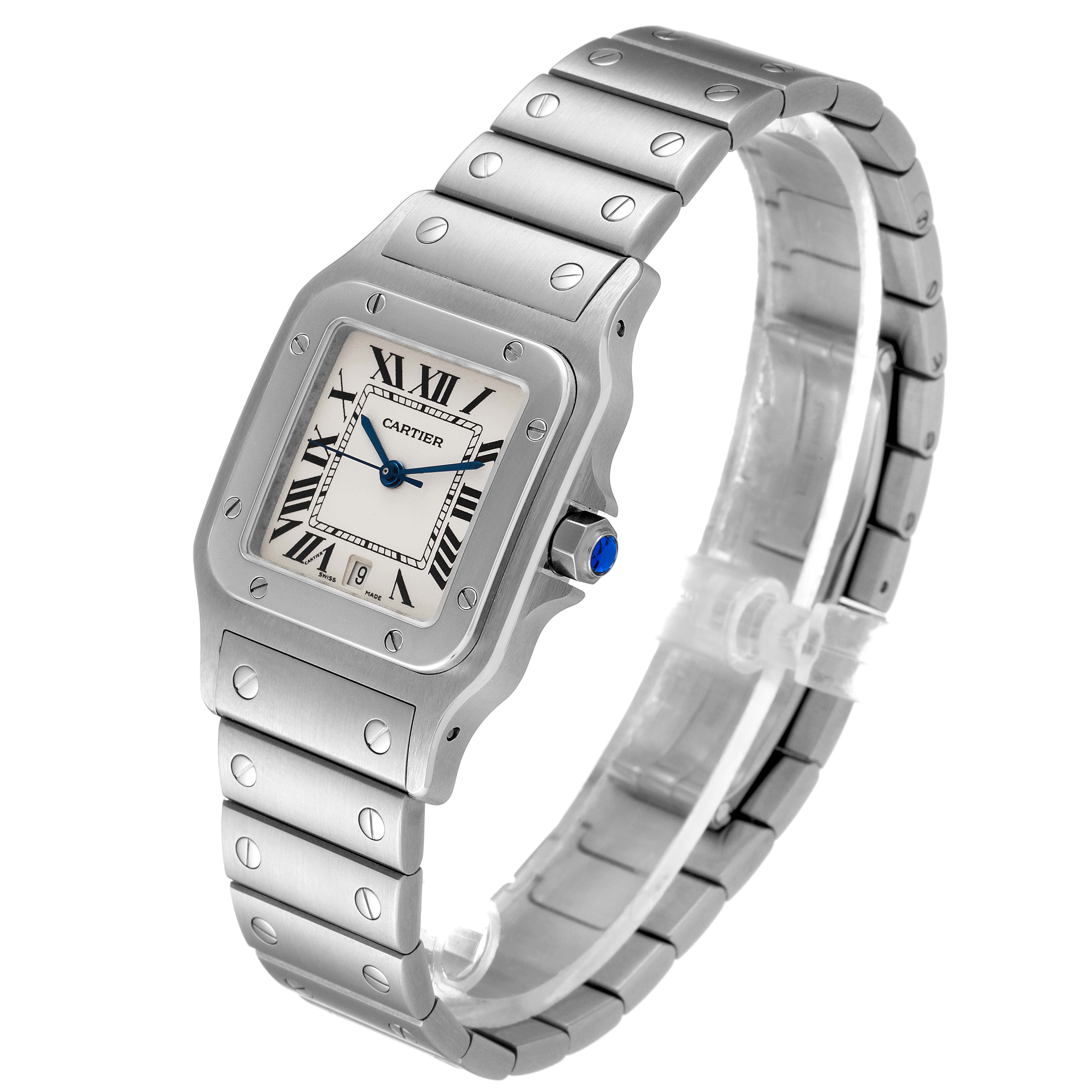 The image shows a Cartier Santos W20060D6 Men's Stainless Steel Silver Dial W20060D6 Men's Stainless Steel Silver Dial watch from a front angle, highlighting the face, bezel, and bracelet.