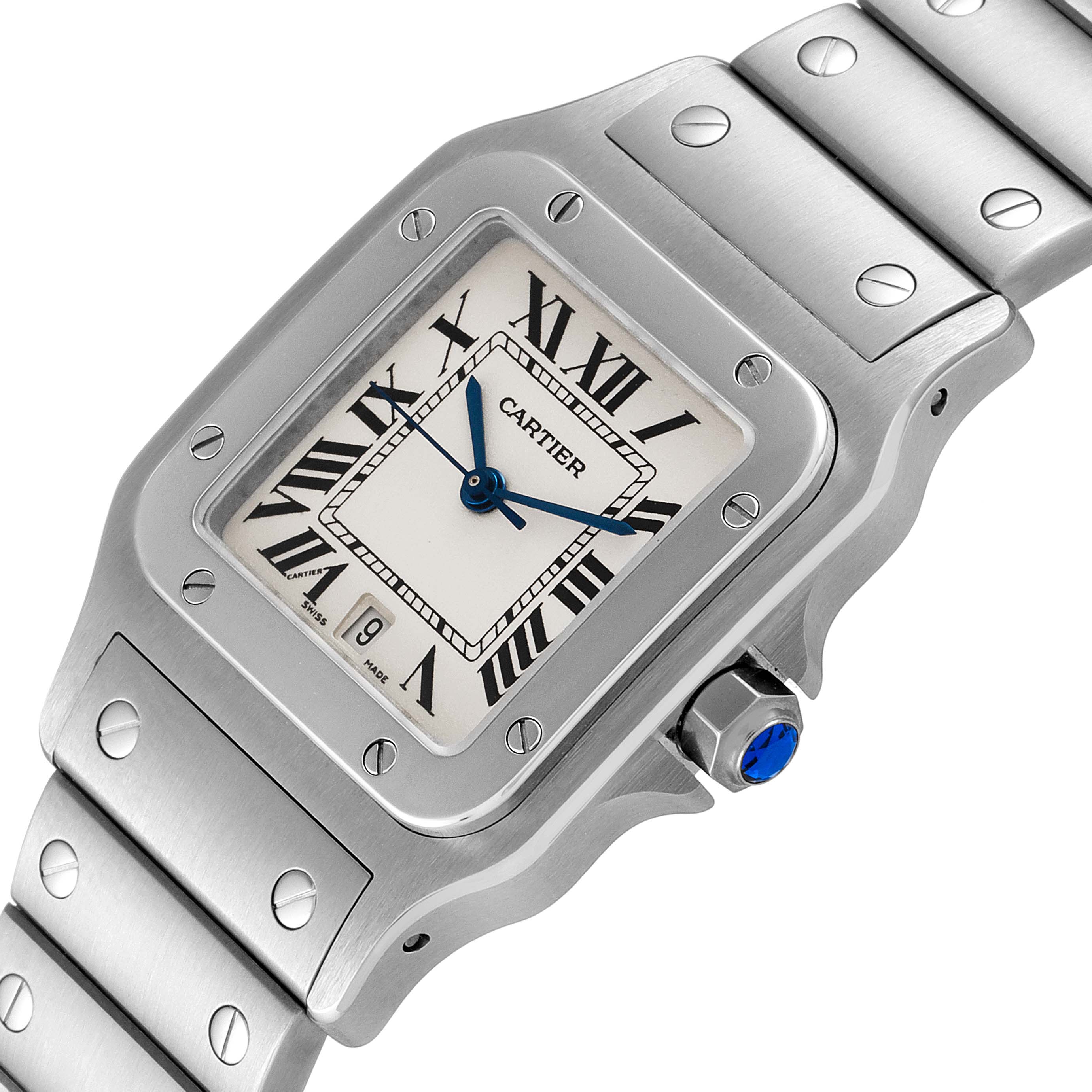 This image shows a close-up of the Cartier Santos W20060D6 Men's Stainless Steel Silver Dial W20060D6 Men's Stainless Steel Silver Dial model watch, featuring its face, bezel, crown, and part of the bracelet.